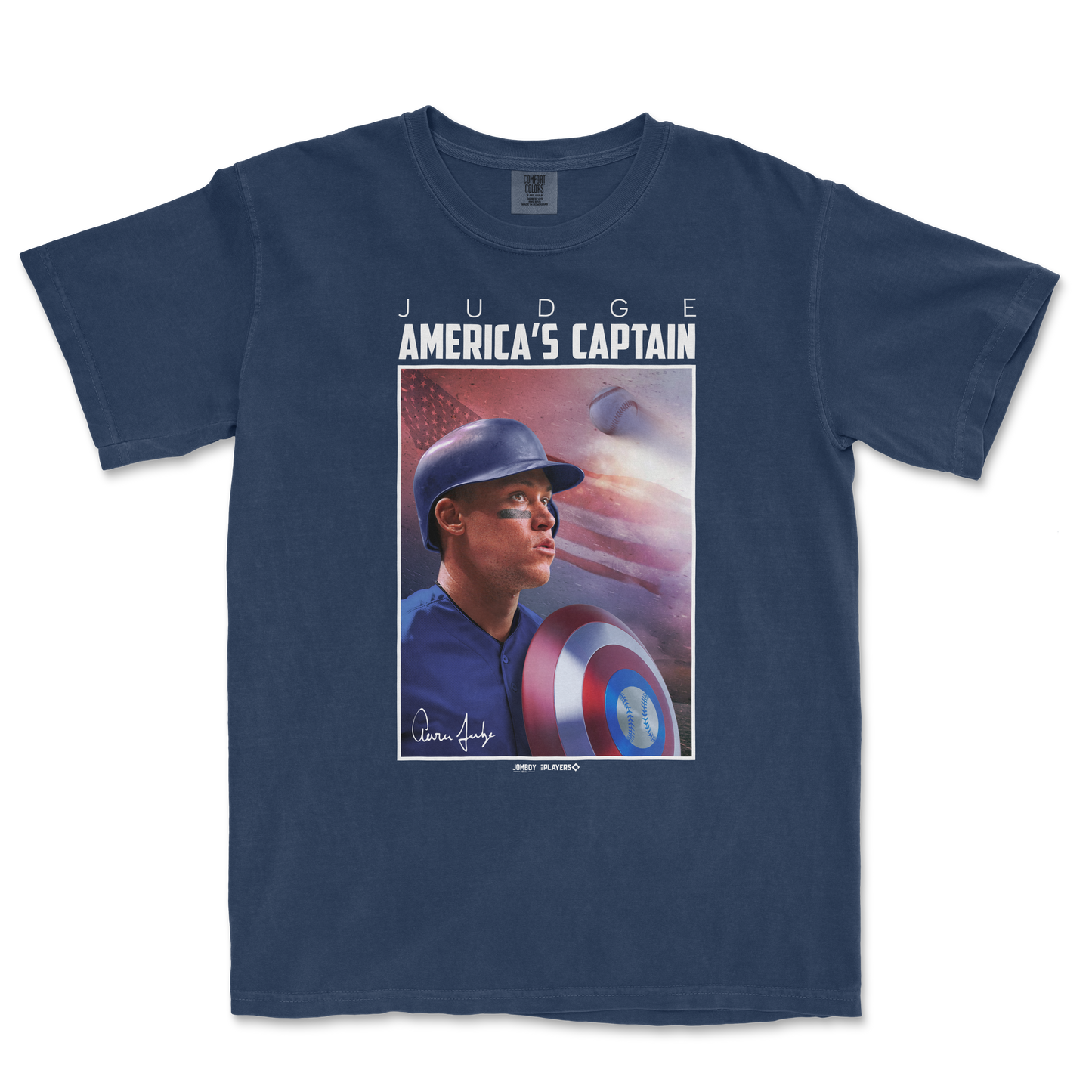 Comfort Colors tee featuring Aaron Judge as America's Captain, with a patriotic baseball-themed graphic and signature.