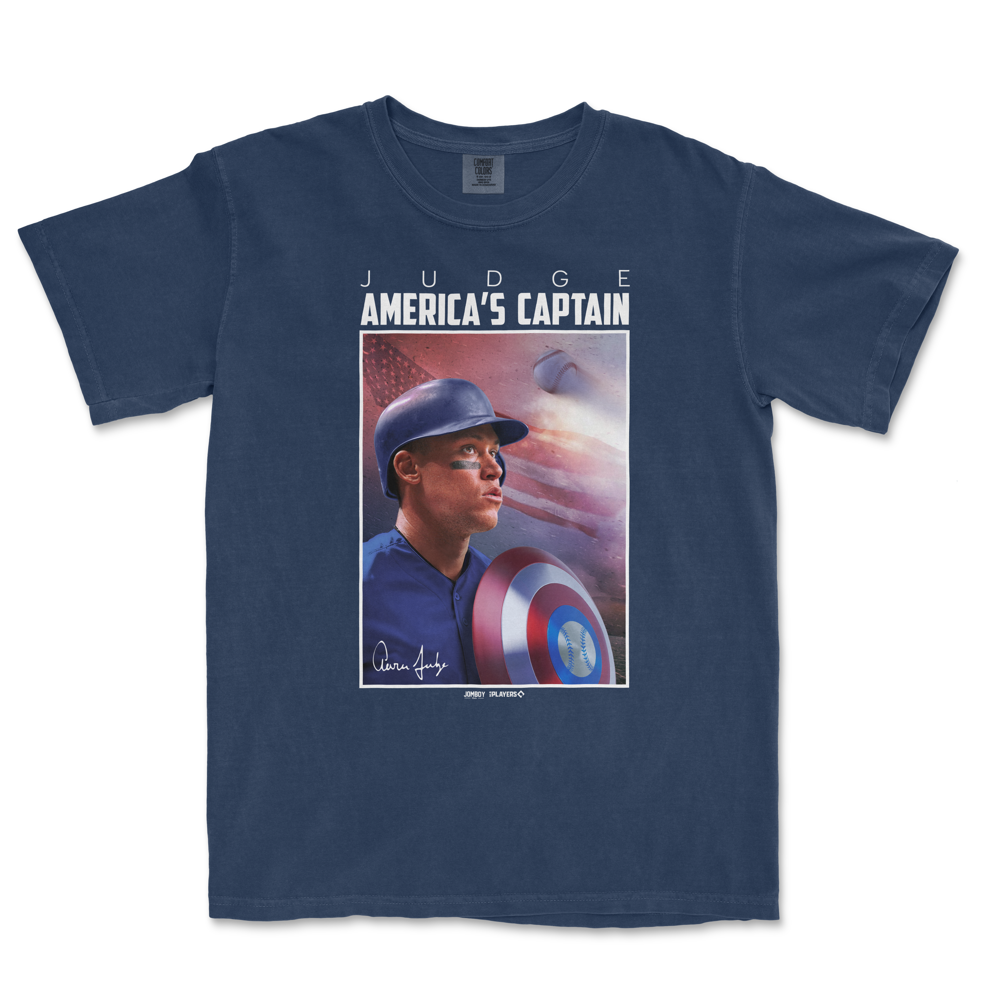 Comfort Colors tee featuring Aaron Judge as America's Captain, with a patriotic baseball-themed graphic and signature.