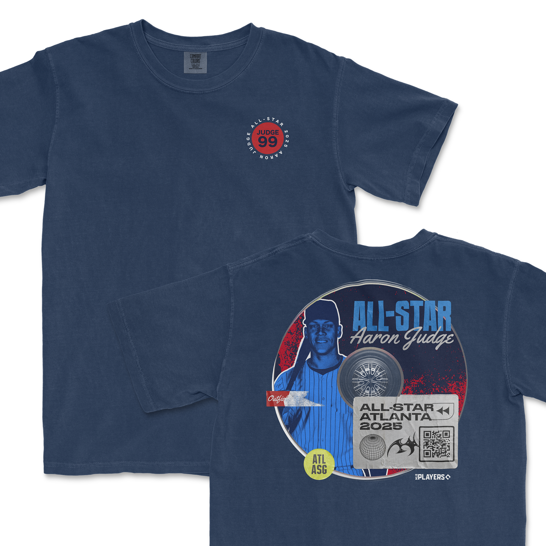 Navy t-shirt featuring Aaron Judge's All-Star 2025 graphic, showcasing his name and event details on the back.