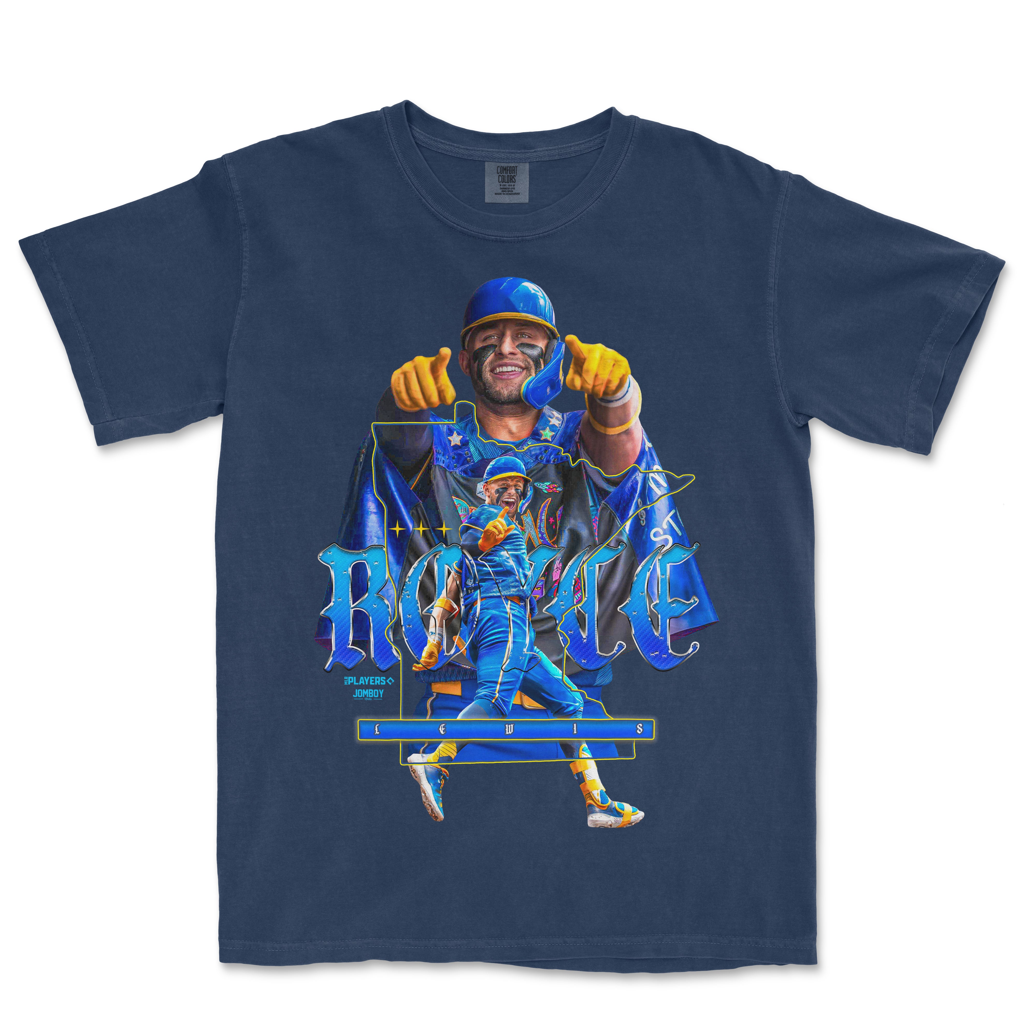 T-shirt featuring Royce Lewis in a baseball uniform, with vibrant blue and yellow graphics and text celebrating him.