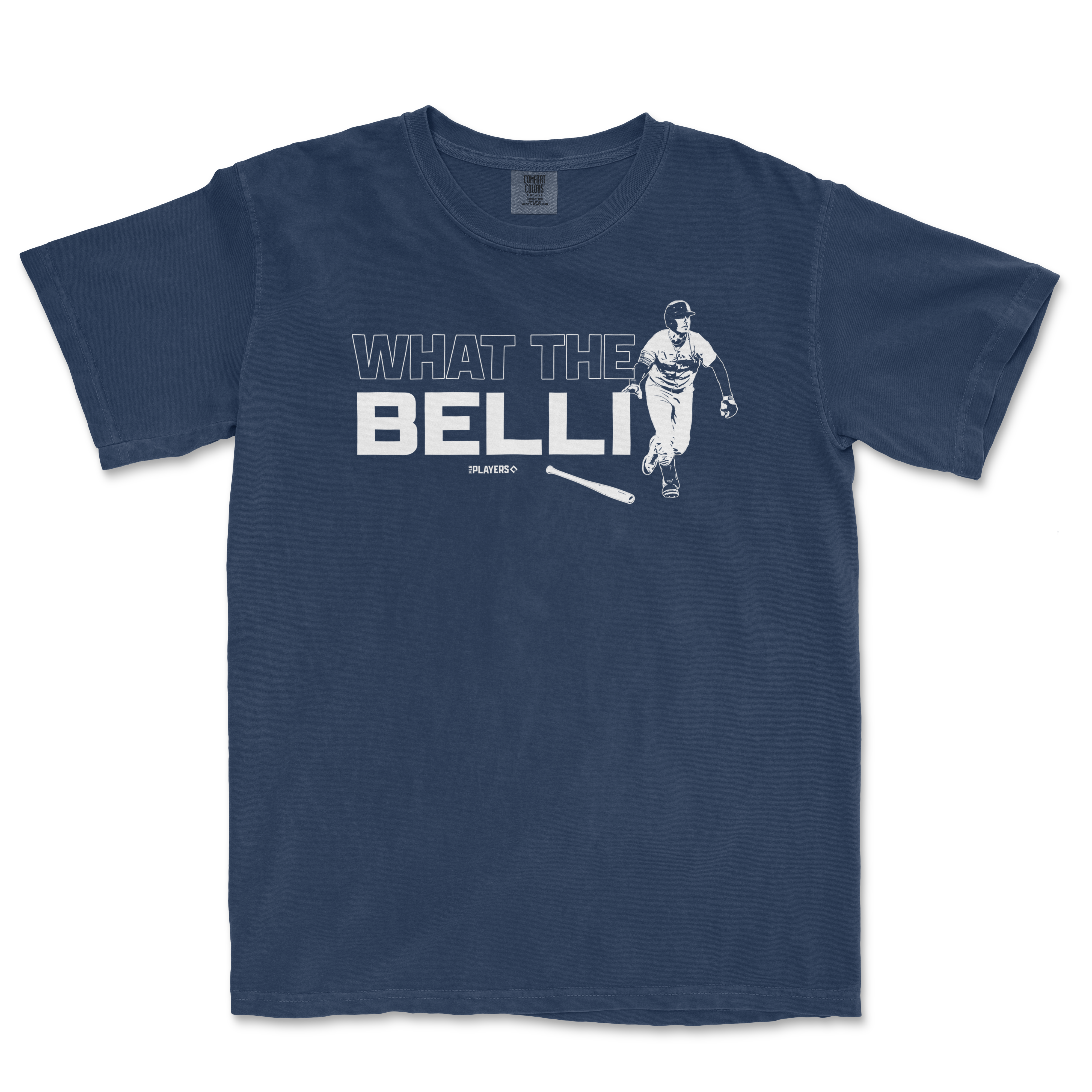 Navy blue t-shirt featuring the phrase "What the Belli" alongside a graphic of a baseball player swinging a bat.
