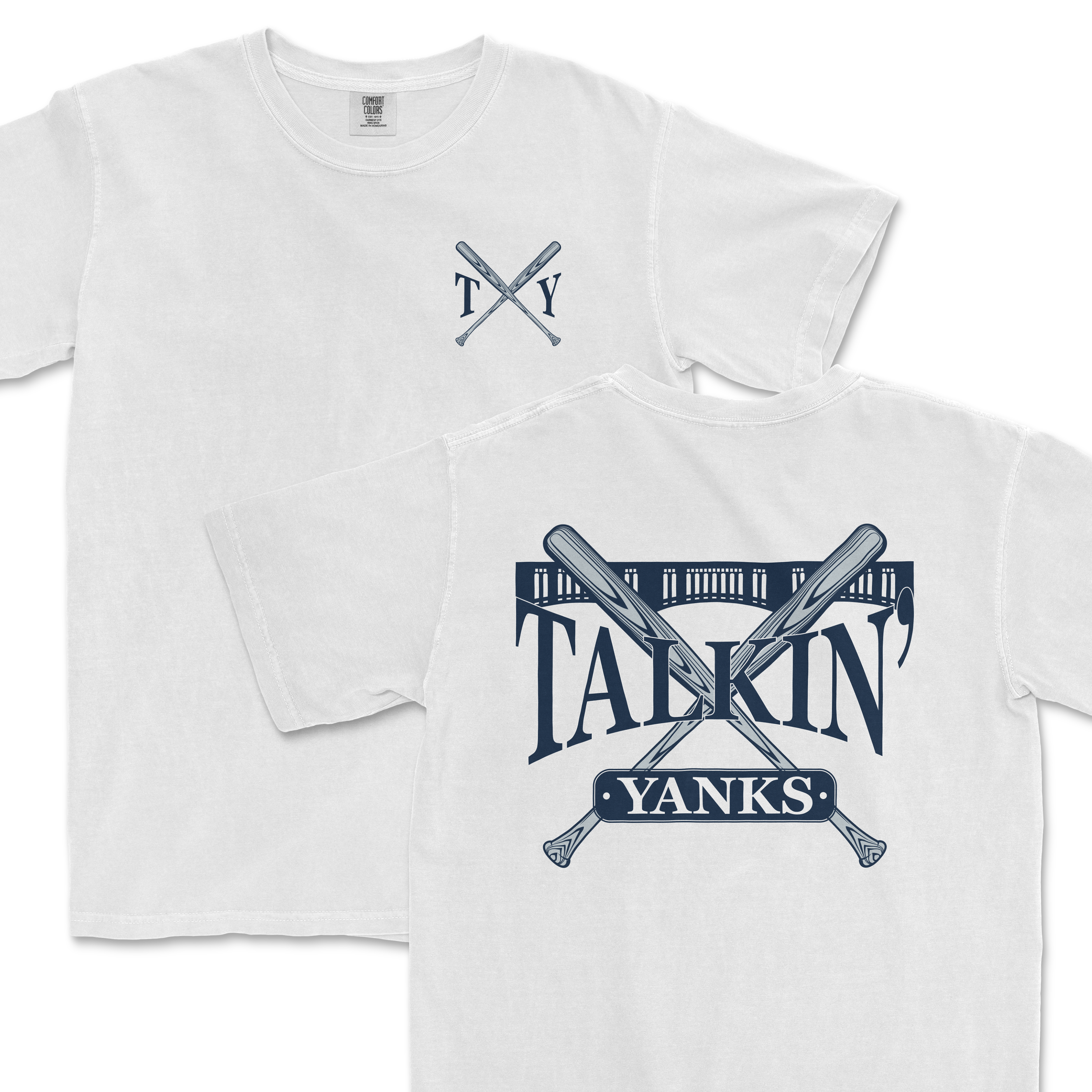 Alt text: Two white Comfort Colors t-shirts featuring the '97 Inspired Talkin' Yanks design; one displayed in full with a large graphic on the back depicting crossed baseball bats, a baseball, and the words "Talkin' Yanks"