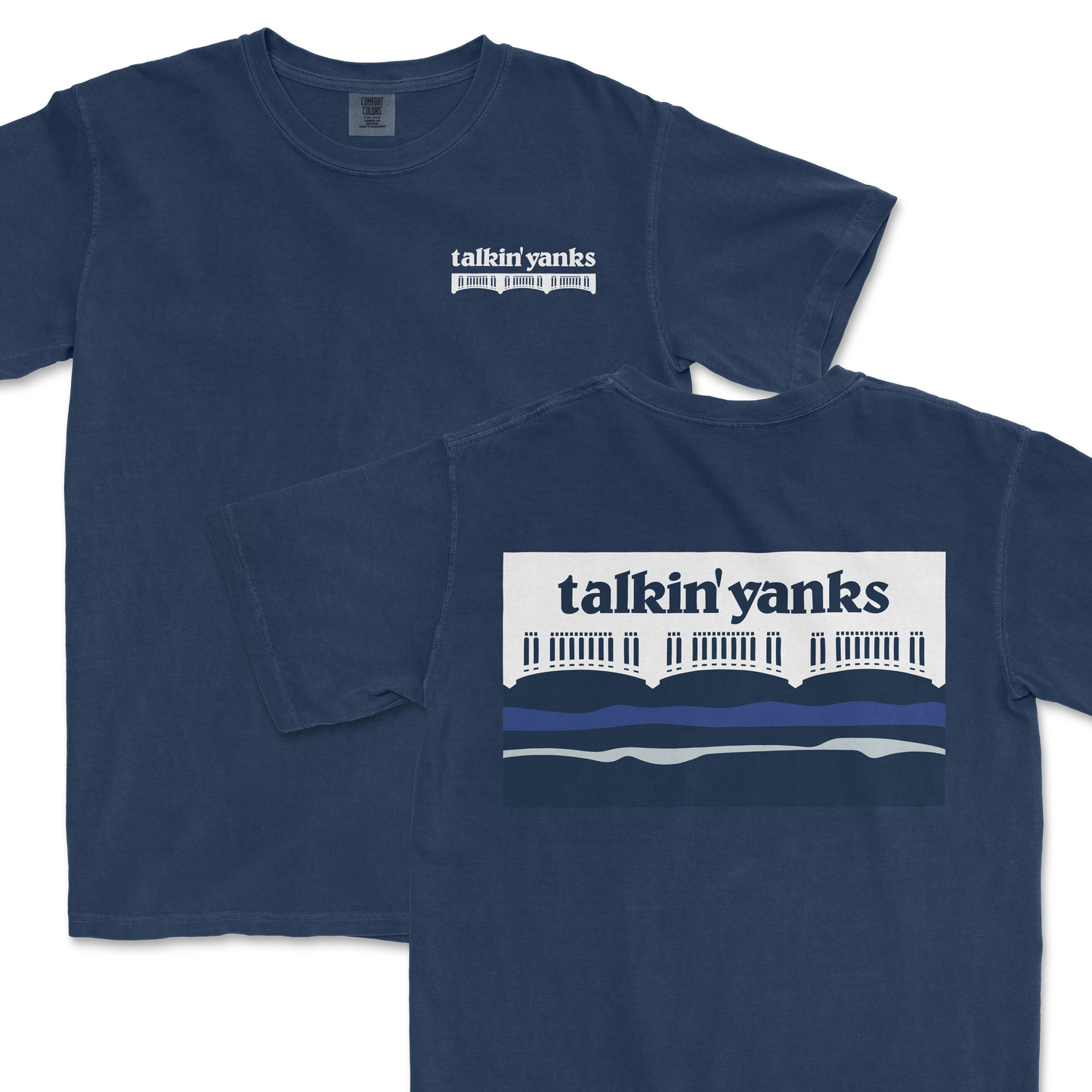 Blue T-shirt featuring "Talkin' Yanks" text and a graphic of a bridge and water, designed for outdoor or casual wear.