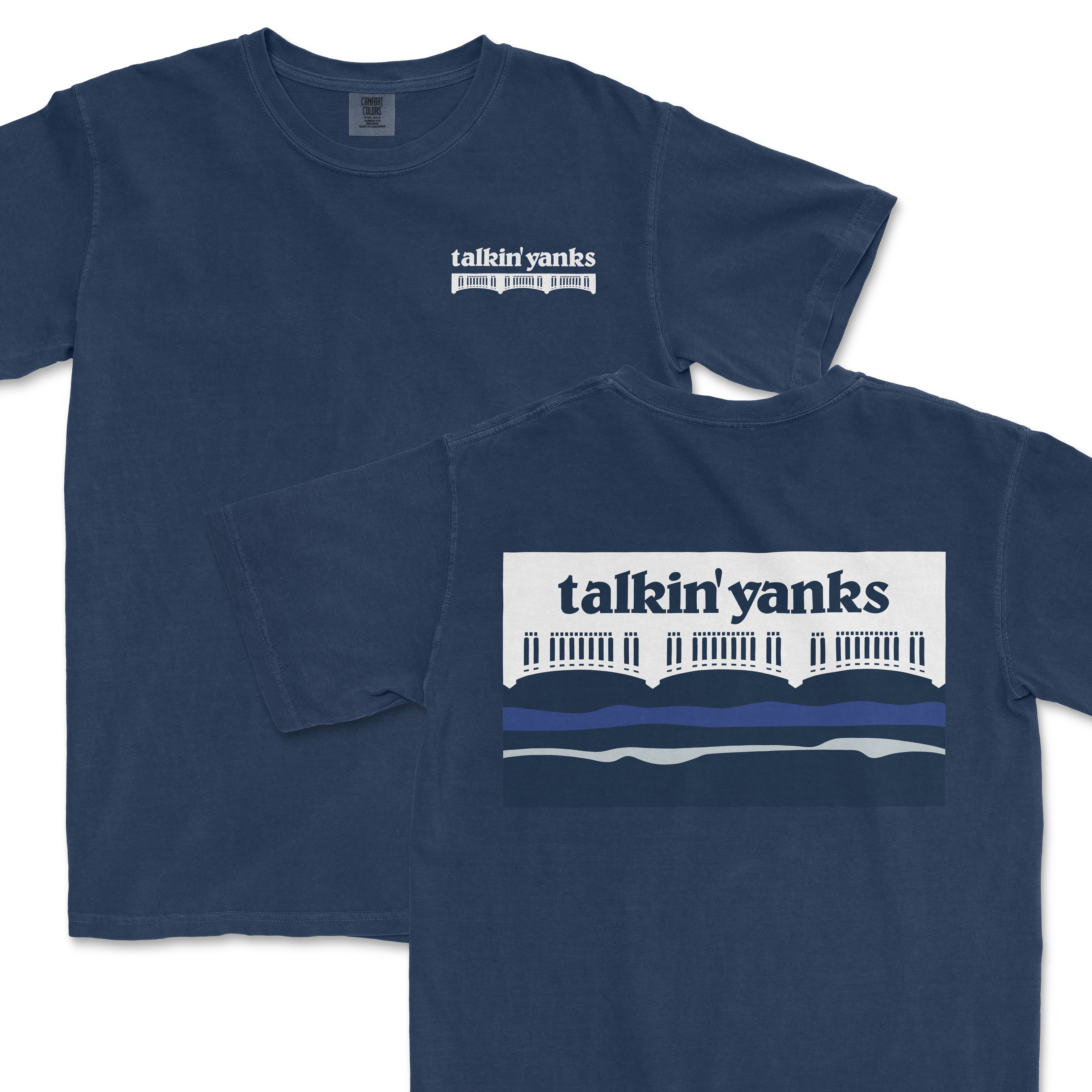 Blue T-shirt featuring "Talkin' Yanks" text and a graphic of a bridge and water, designed for outdoor or casual wear.