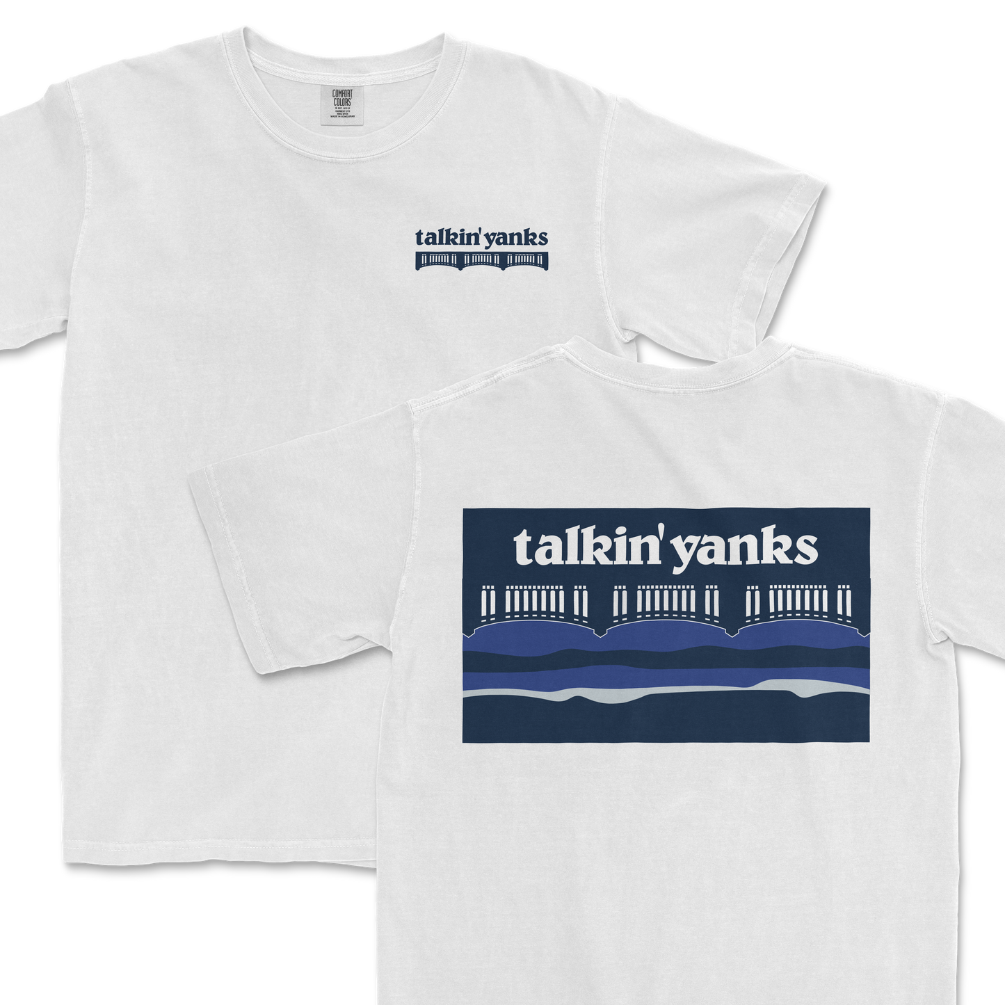 White T-shirt featuring the "Talkin' Yanks Outdoors" logo with a bridge and water design in blue tones, perfect for outdoor enthusiasts.