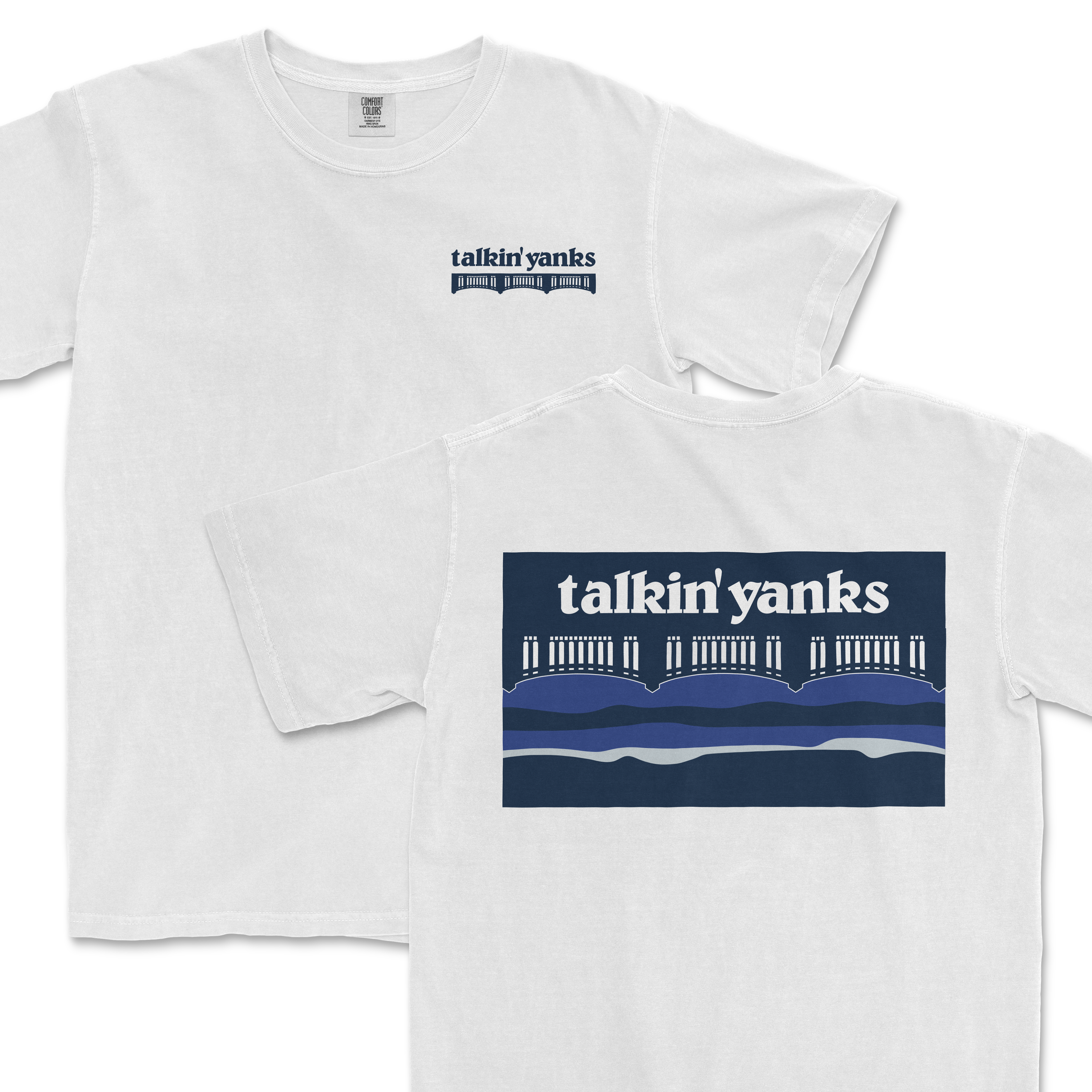 White T-shirt featuring the "Talkin' Yanks Outdoors" logo with a bridge and water design in blue tones, perfect for outdoor enthusiasts.