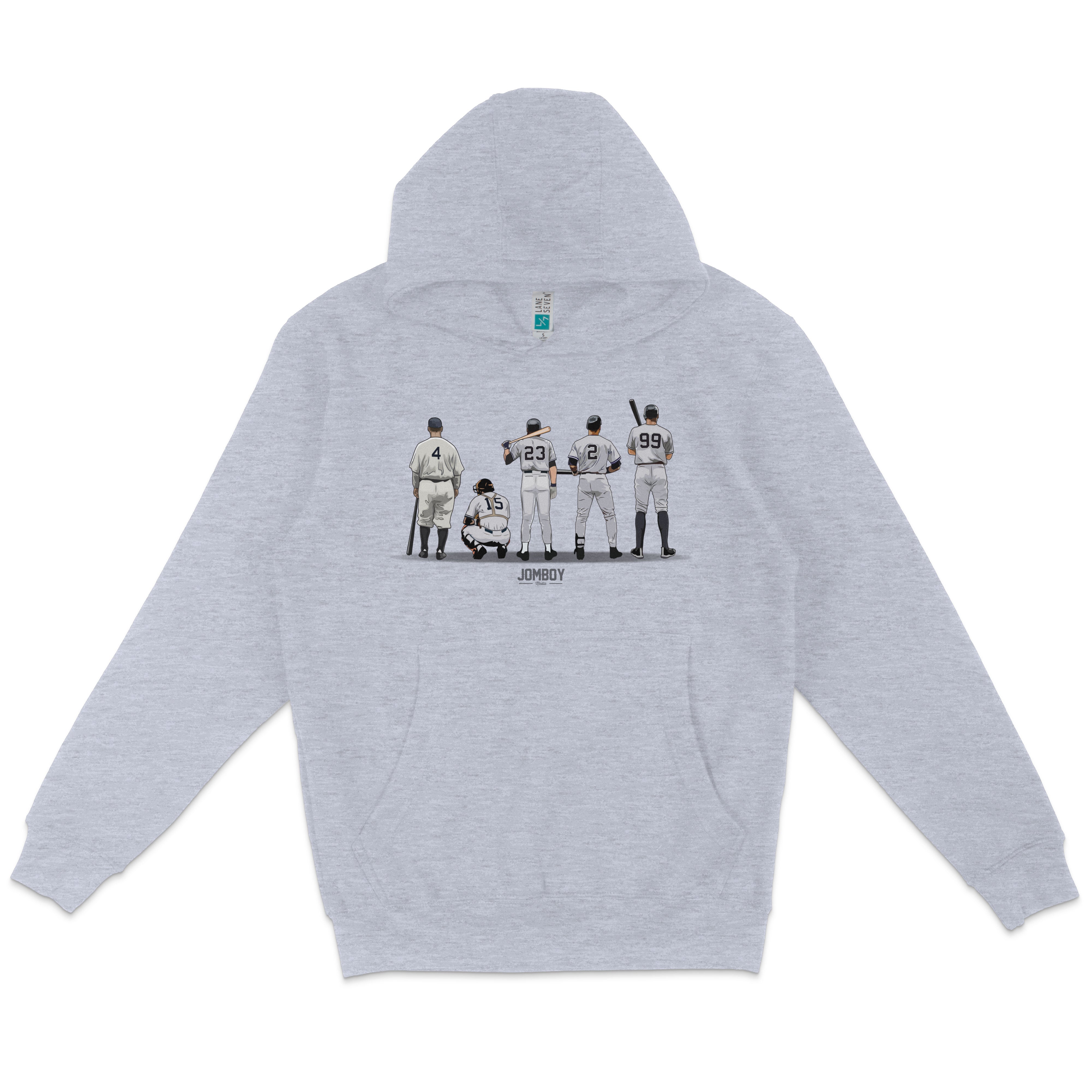 Light gray pullover fleece hoodie featuring a graphic of five baseball players in uniform, with "JOMBOY" text below.