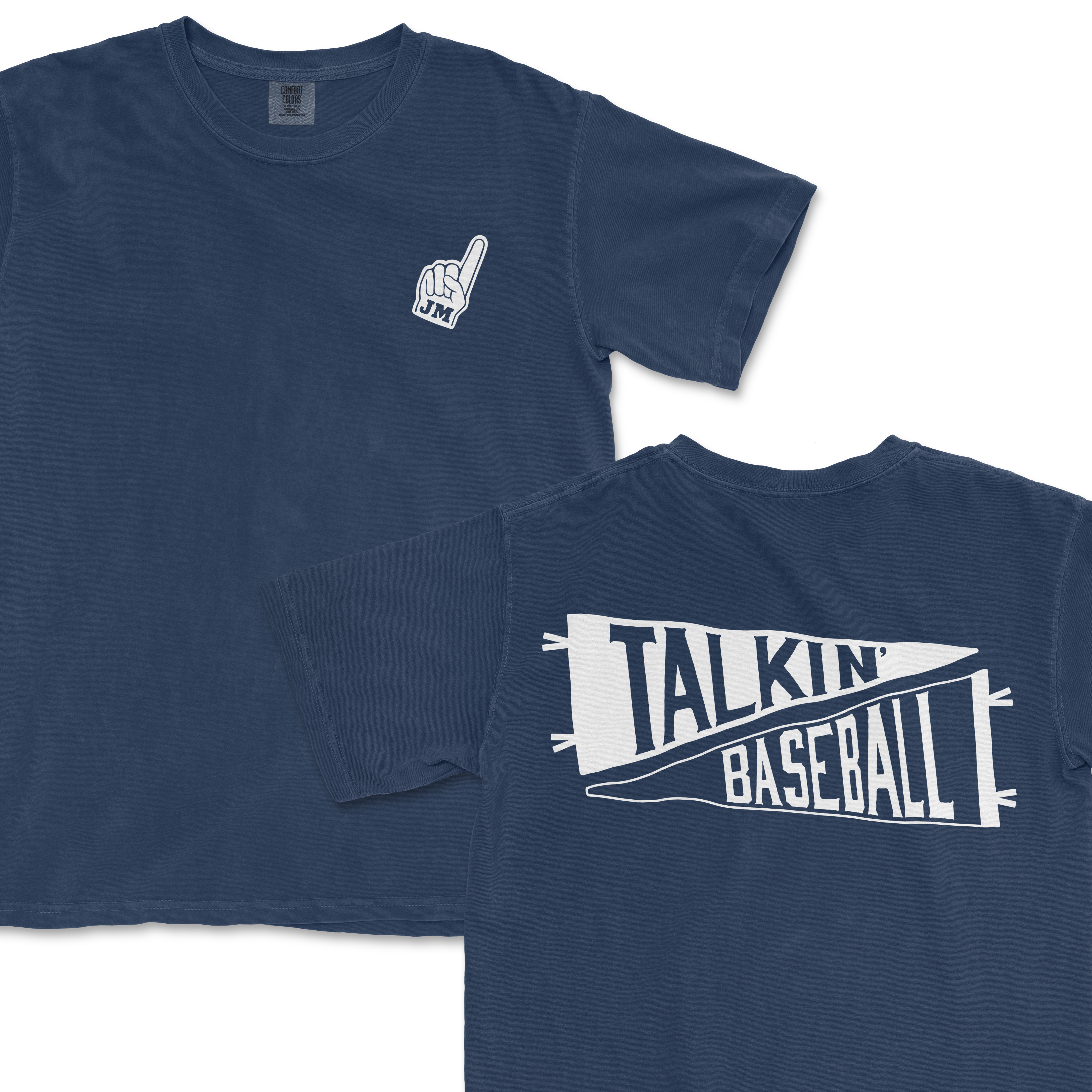 Blue T-shirt with "Talkin' Baseball" graphic on back and a pointing finger with "JM" on front.