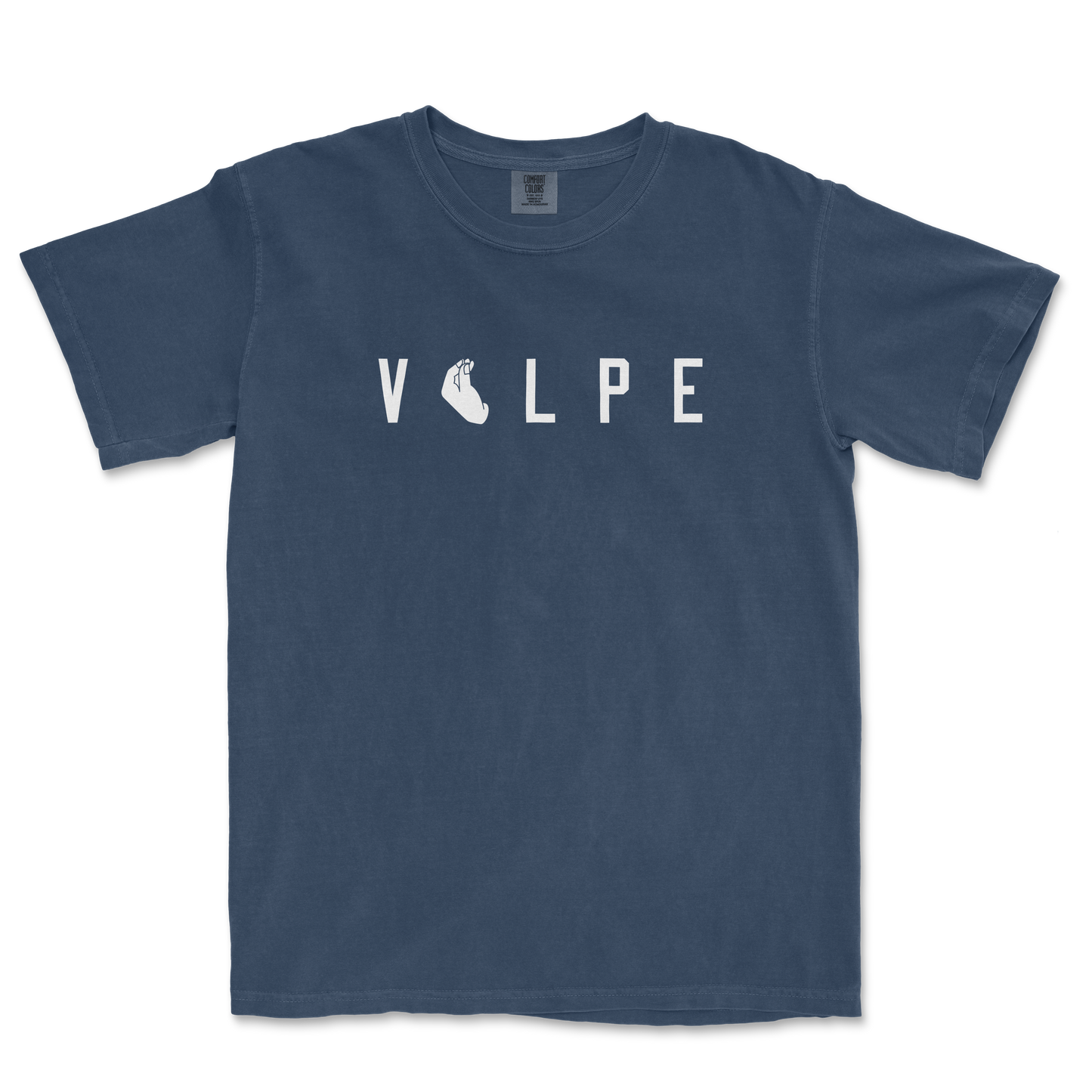 Blue T-shirt with the word "VOLPE" printed across the chest, featuring a hand illustration replacing the letter "O".