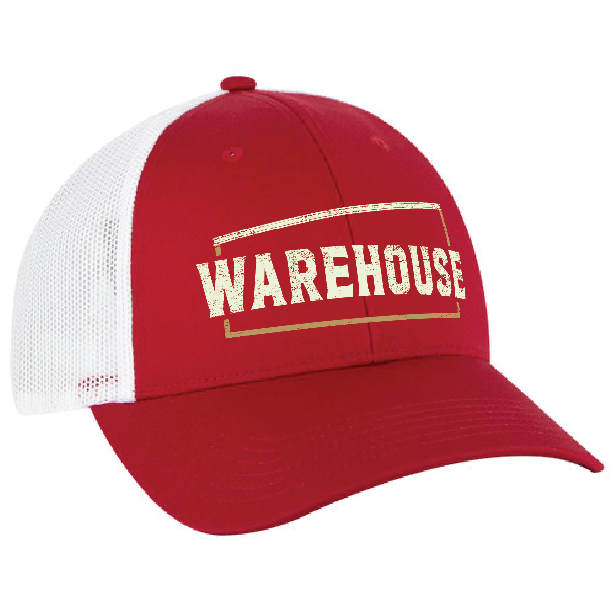 Red and white six-panel trucker hat with "WAREHOUSE" printed in bold, distressed letters on the front.