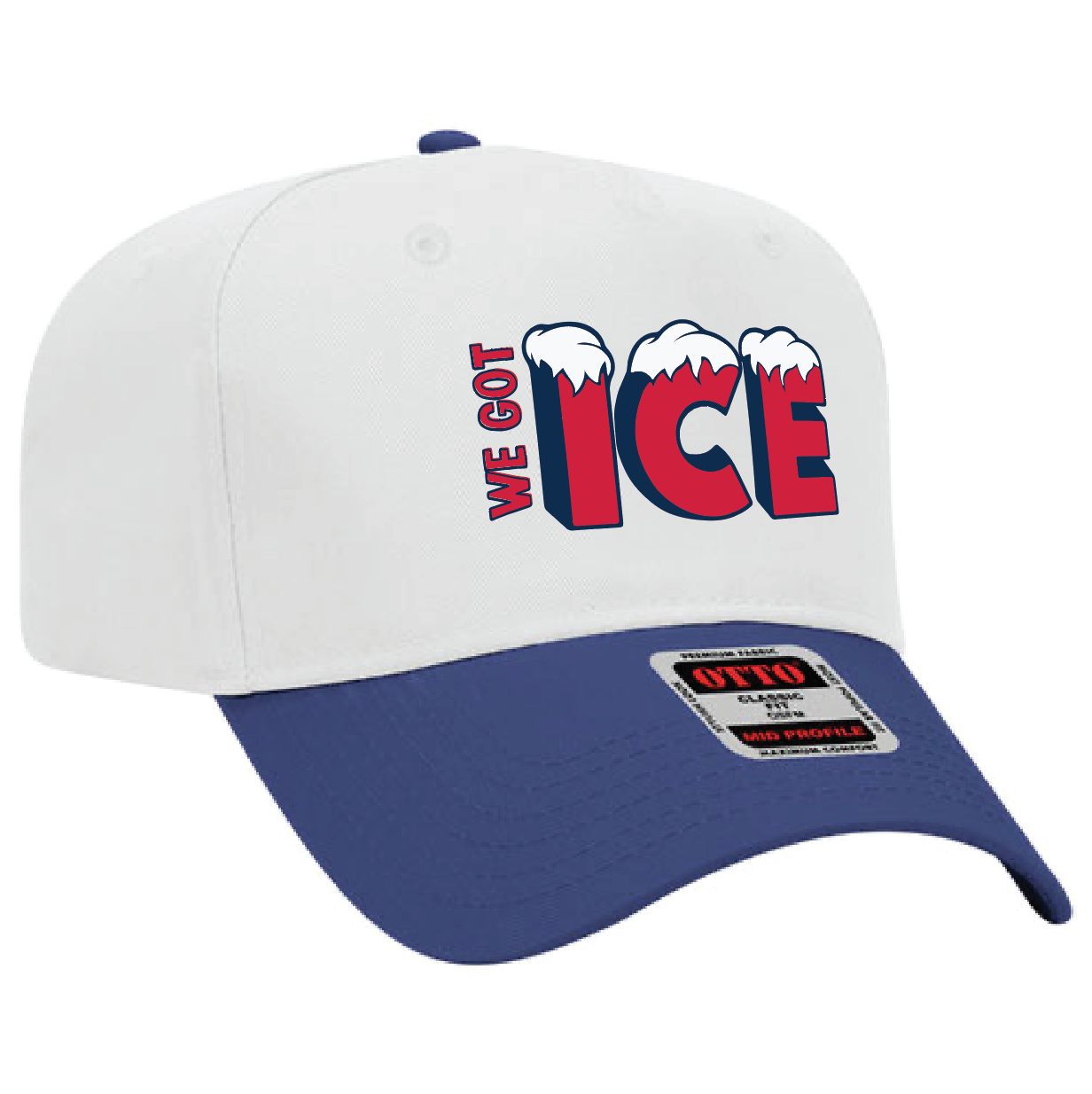 White and navy six-panel hat with "We Got Ice" text and ice-capped letters, featuring a curved brim and adjustable strap.