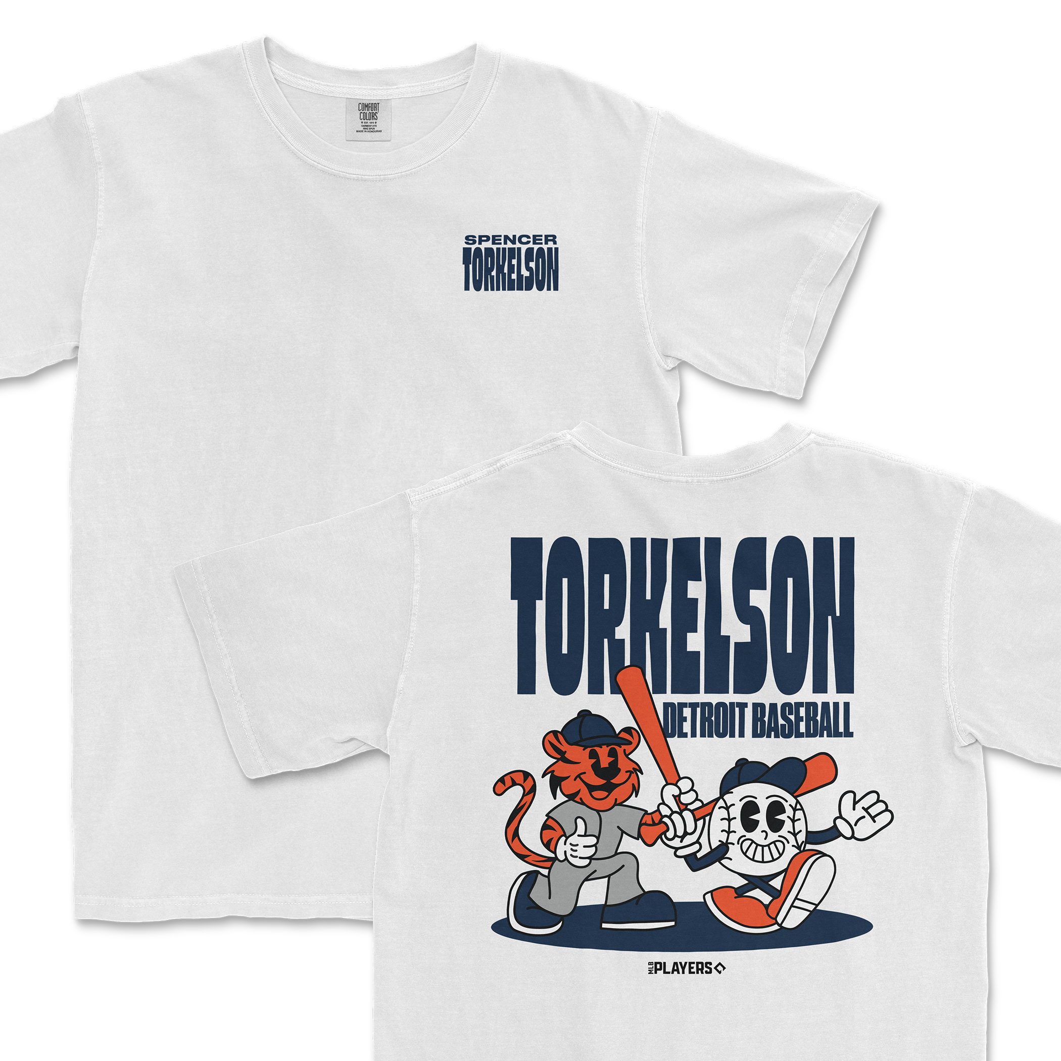 White t-shirt featuring a cartoon design of Spencer Torkelson with a tiger and a baseball bat, promoting Detroit baseball.