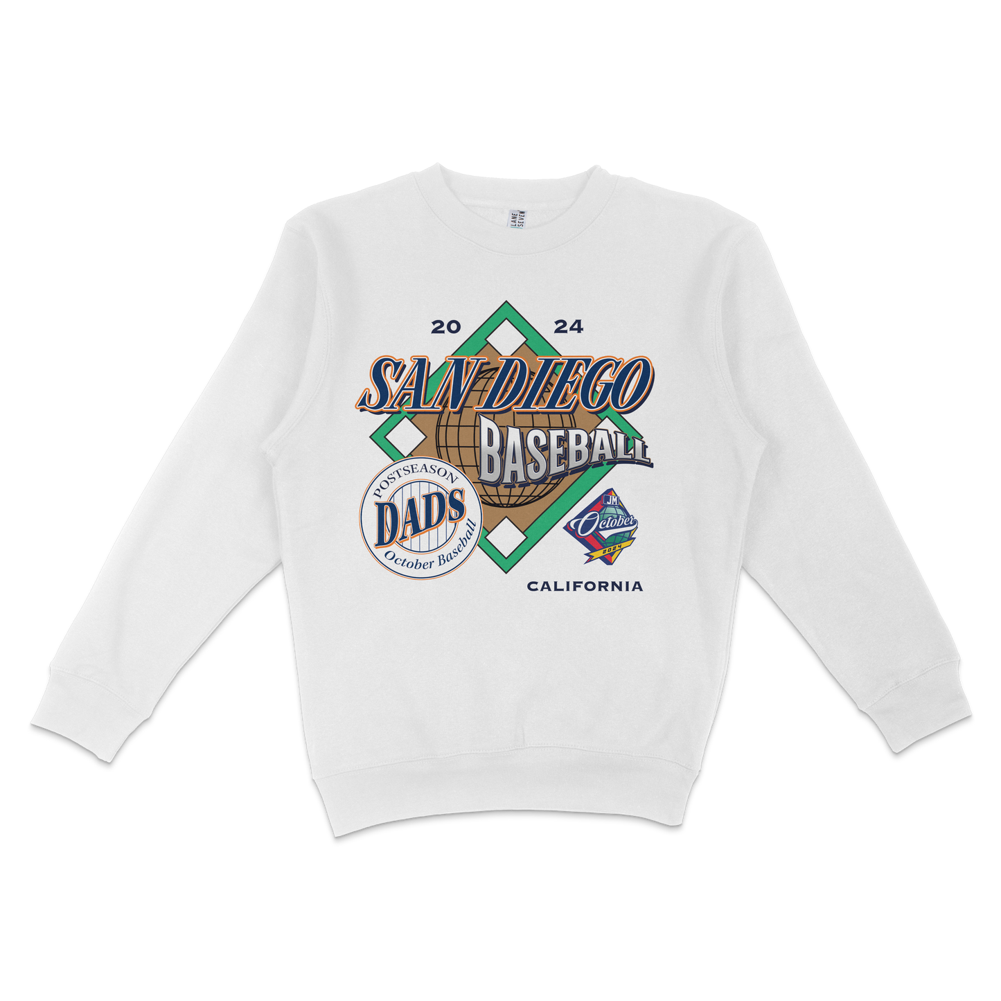 White crewneck sweatshirt featuring colorful "October in San Diego" baseball-themed graphic design with text and logos.