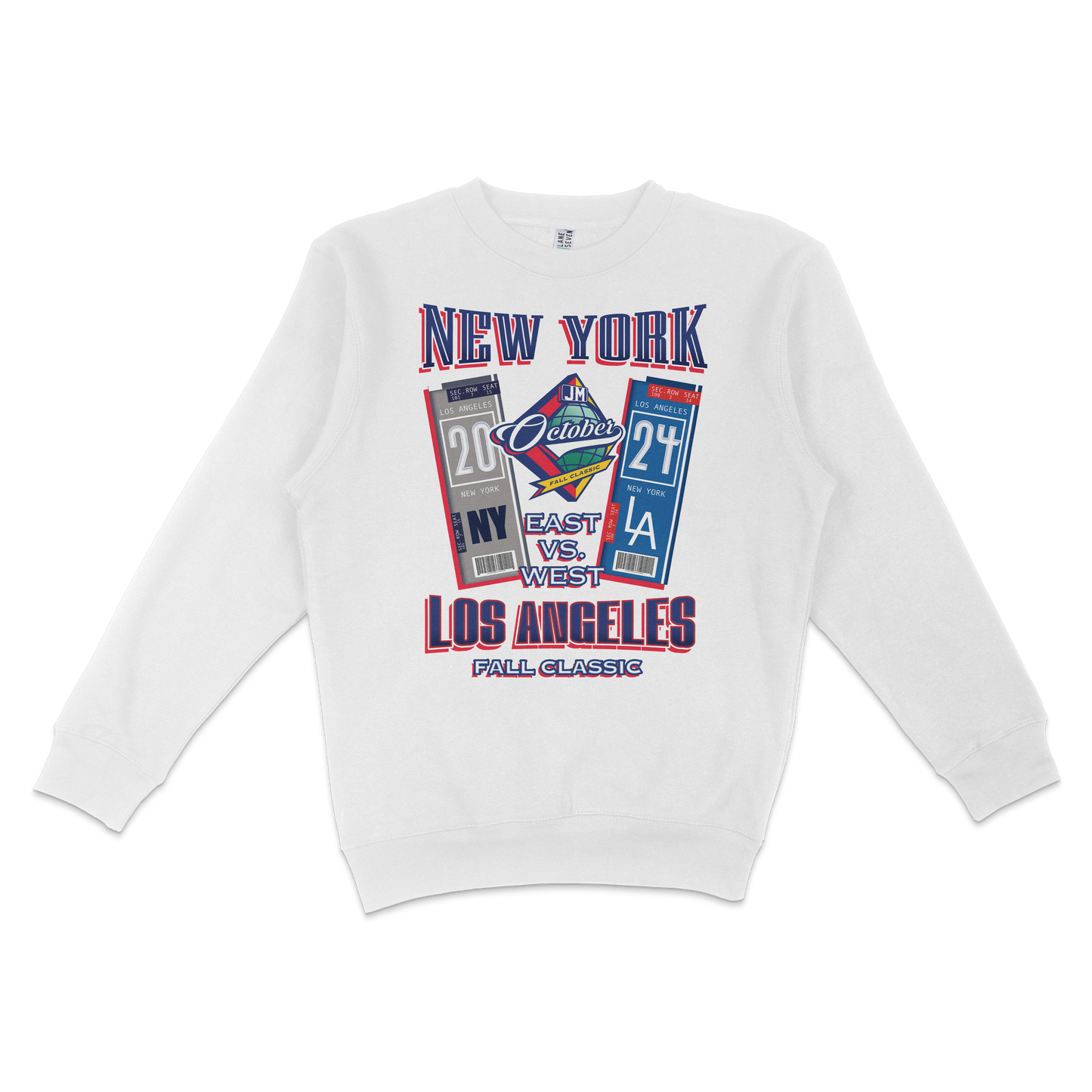 White crewneck sweatshirt featuring colorful graphics and text about a 2024 New York vs. Los Angeles fall classic event.
