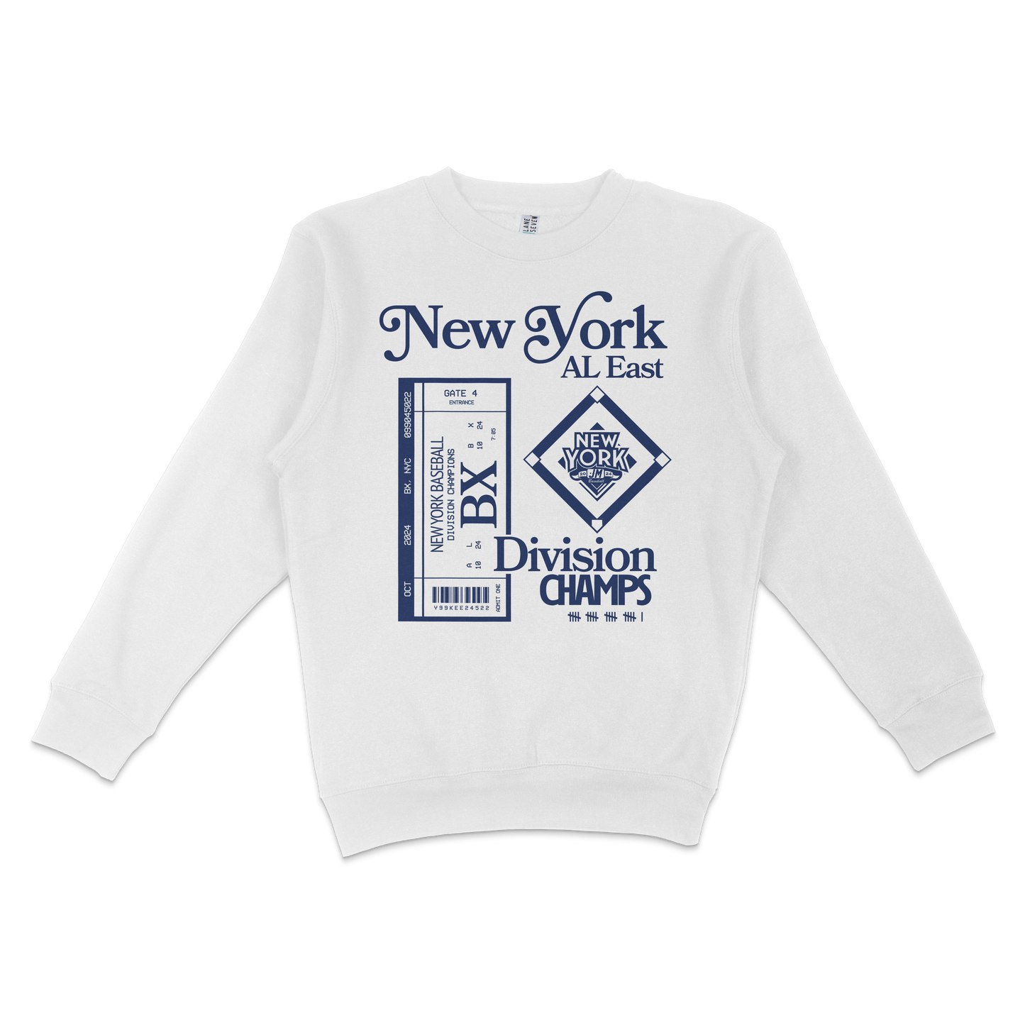 White crewneck sweatshirt featuring navy blue text and graphics celebrating New York Yankees division champions, with ticket stub and logo designs.