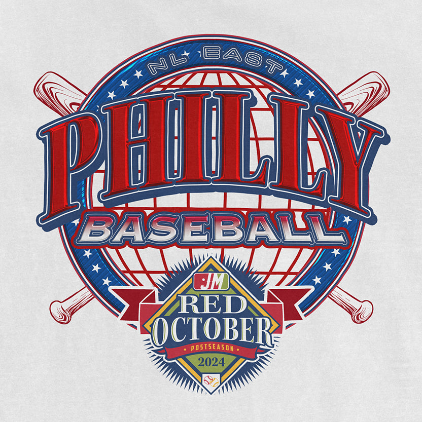 Logo for Phillies baseball's Red October postseason in October 2024, featuring a globe, baseball bats, and bold text.