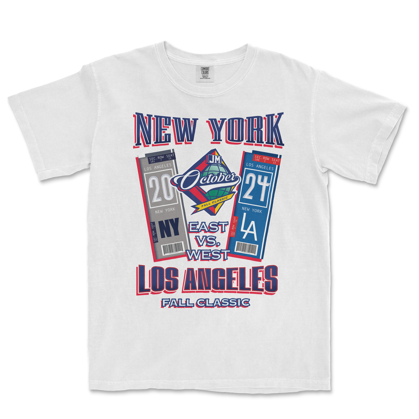 White T-shirt featuring a colorful graphic design of tickets, stadium seats, and text promoting the 2024 MLB Fall Classic between the Yankees and Dodgers.
