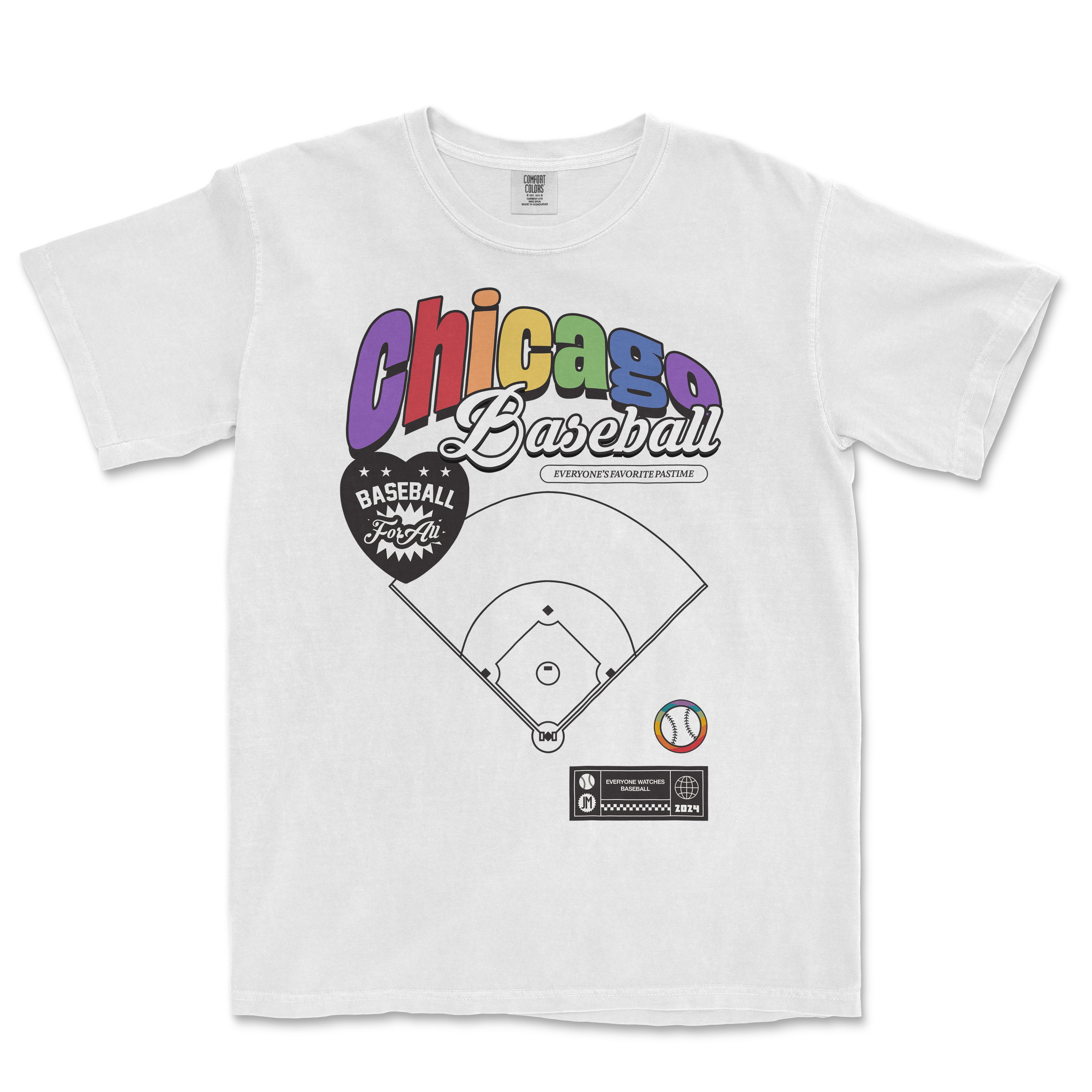 White vintage T-shirt featuring colorful "Chicago Baseball" text, baseball graphics, and sports-themed design elements.