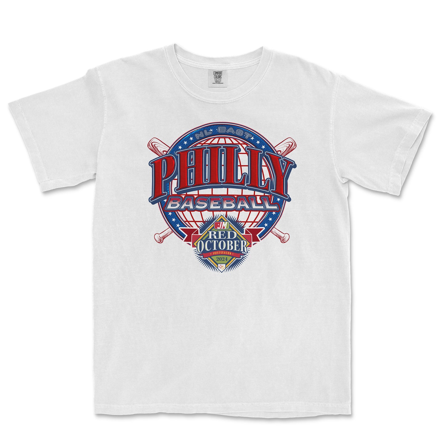 White T-shirt featuring a colorful graphic design with "Philly Baseball" and "Red October 2024" text, celebrating Philadelphia baseball.