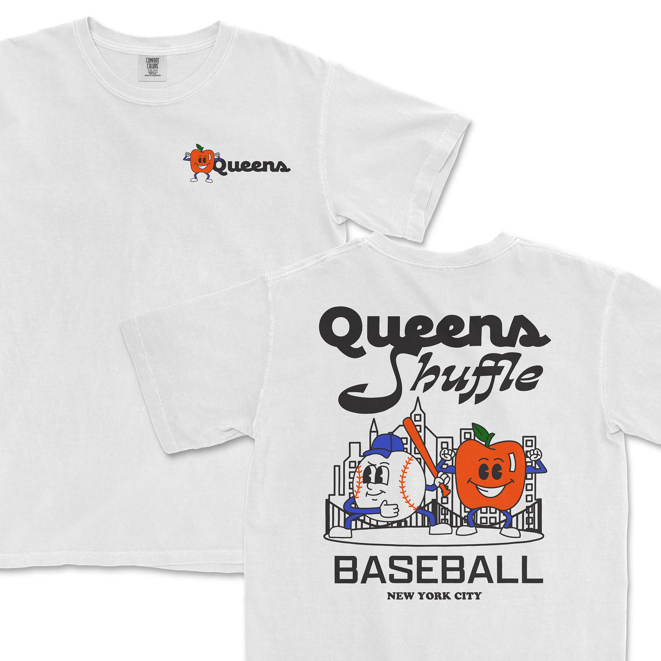White t-shirt featuring a cartoon orange and baseball with cityscape, "Queens Shuffle NYC" text, and baseball theme design.