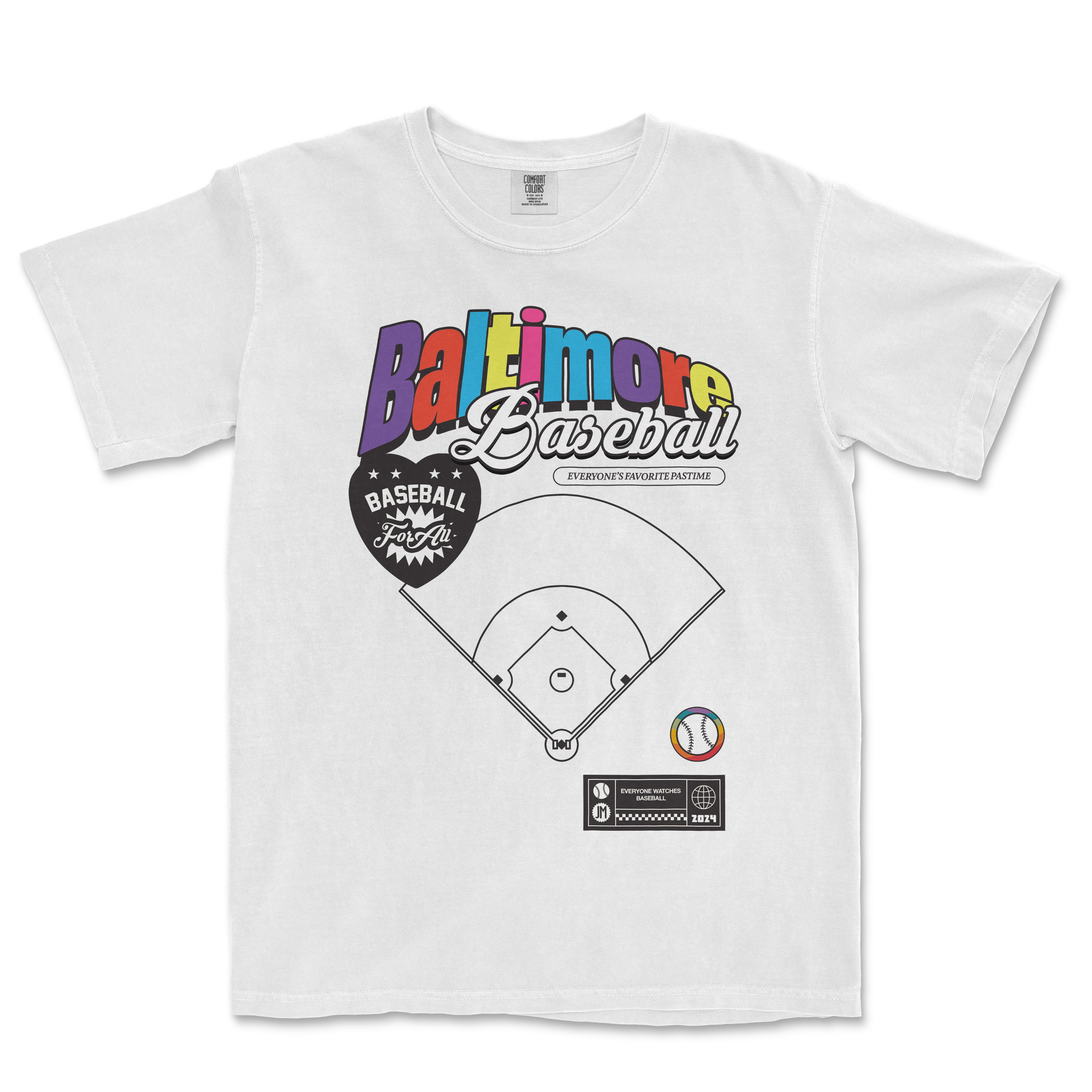 White Comfort Colors vintage tee featuring colorful "Baltimore Baseball" text, a baseball diamond graphic, and playful design elements.