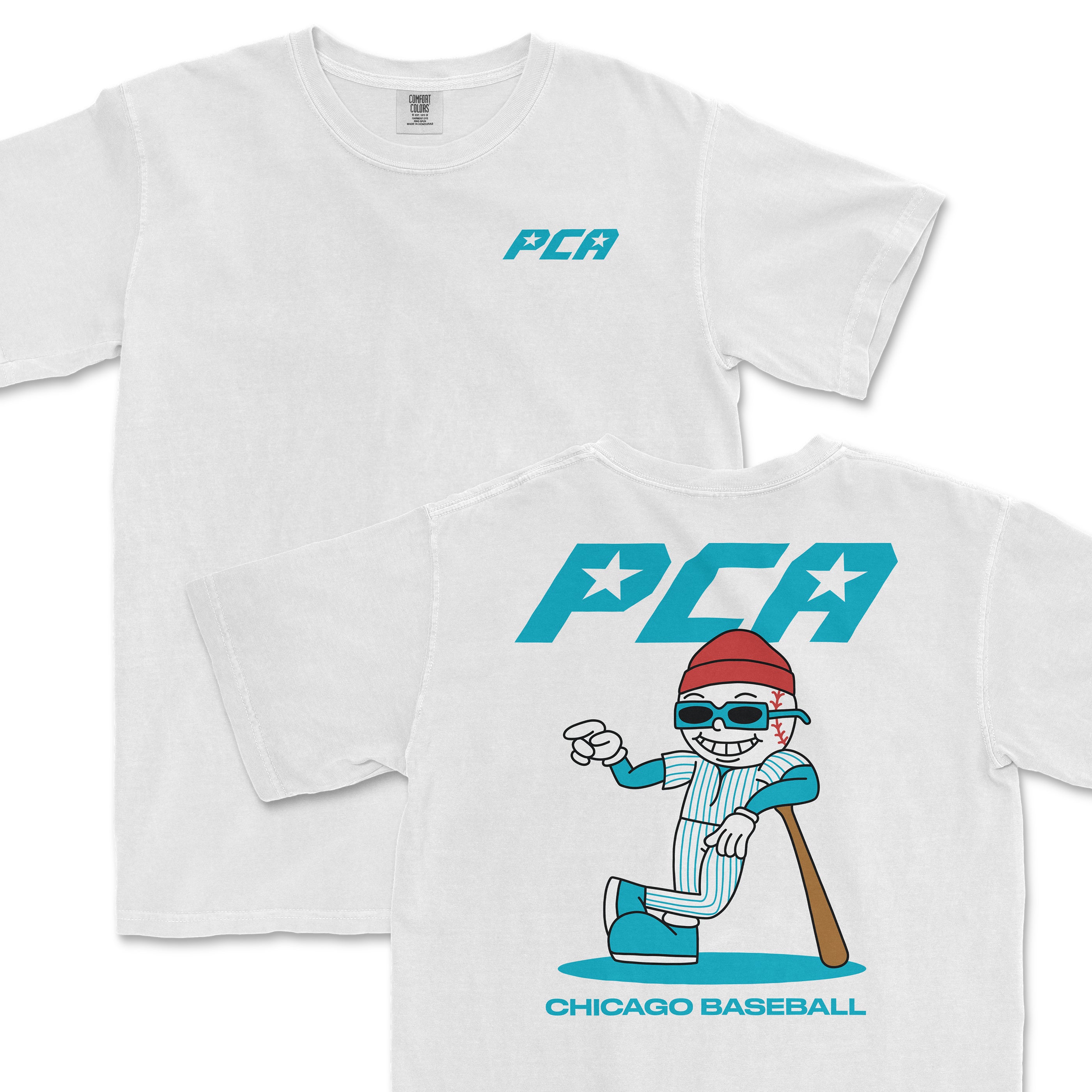 White t-shirt featuring a cartoon of Pete Crow-Armstrong with a bat, text "PCA" and "Chicago Baseball" on the back.
