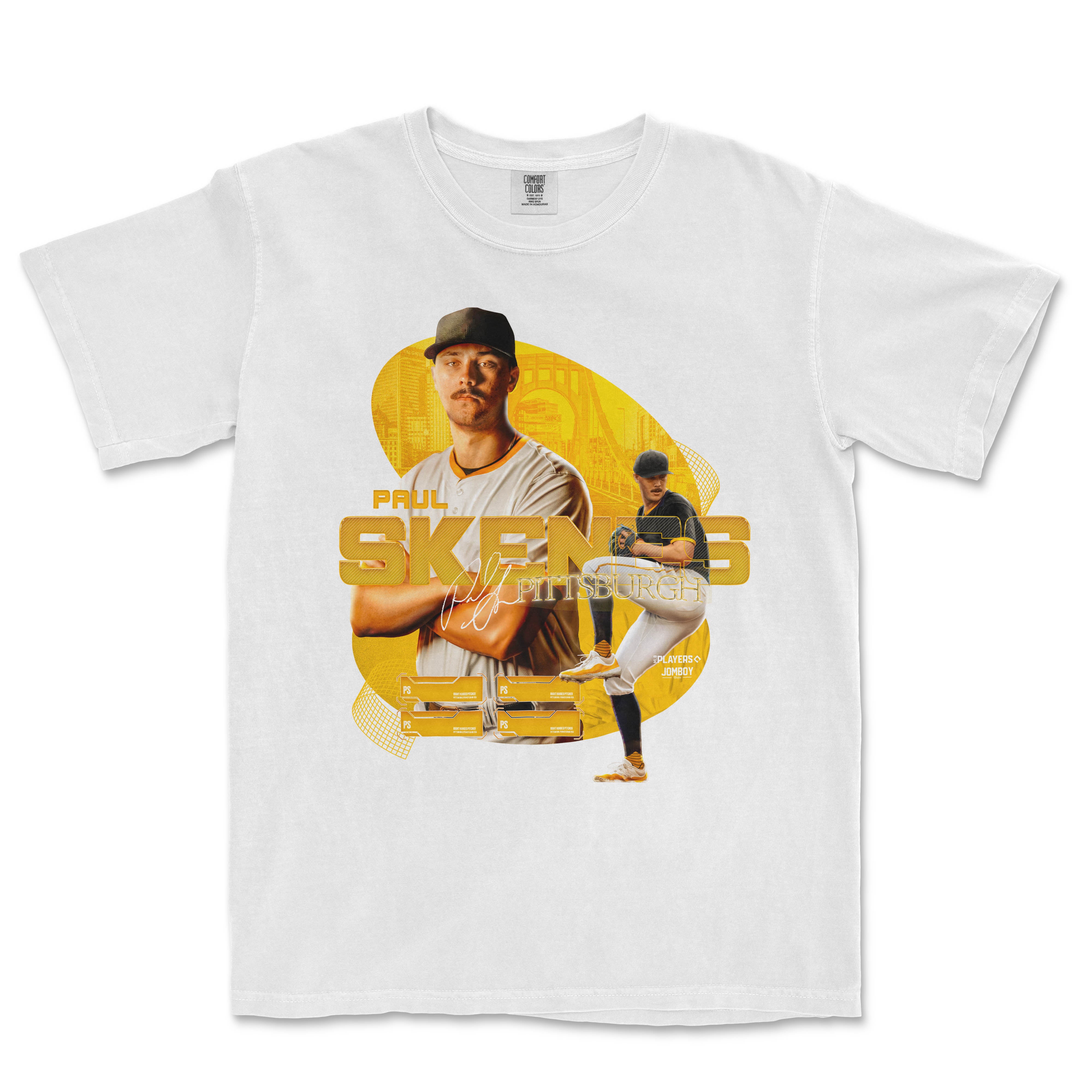 White Comfort Colors T-shirt featuring a graphic of Paul Skenes, a baseball player from Pittsburgh, with team logos and signatures.