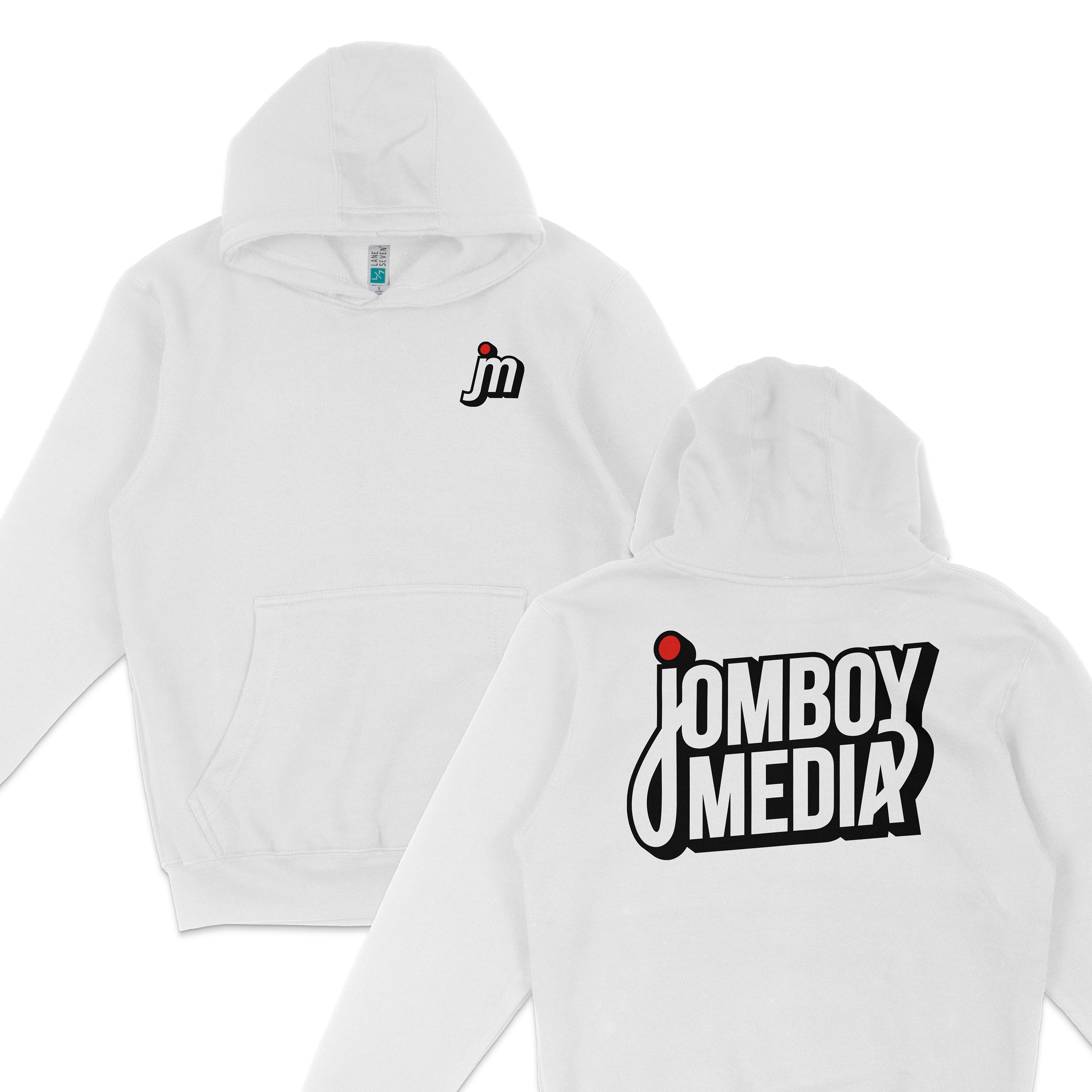 White JM Essentials '25 Hoodie featuring a front logo and bold Jomboy Media branding on the back. Perfect for fans.
