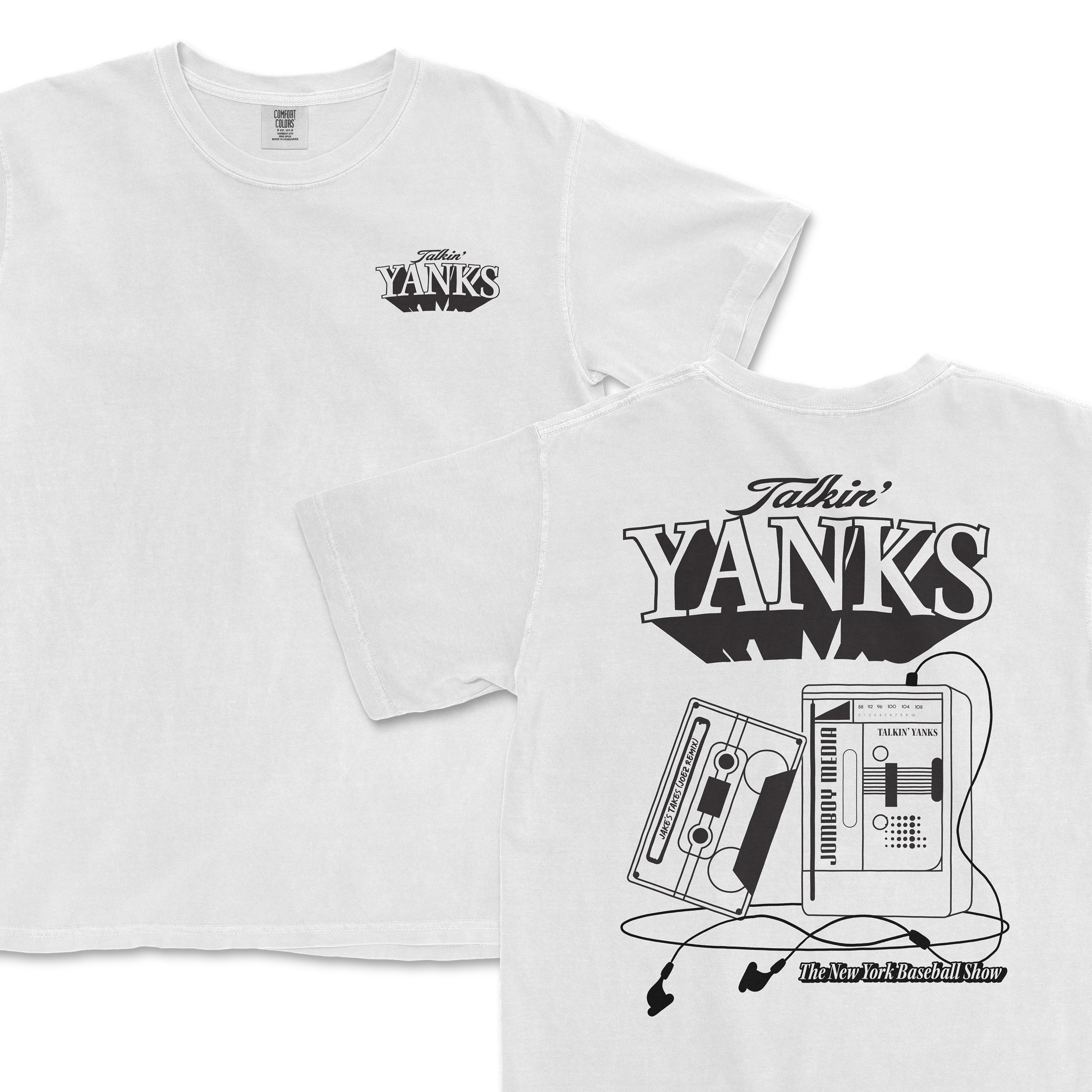 White T-shirt featuring a graphic of a vintage Talkin' Walkman, cassette tape, and headphones with "The New York Baseball Show" text.