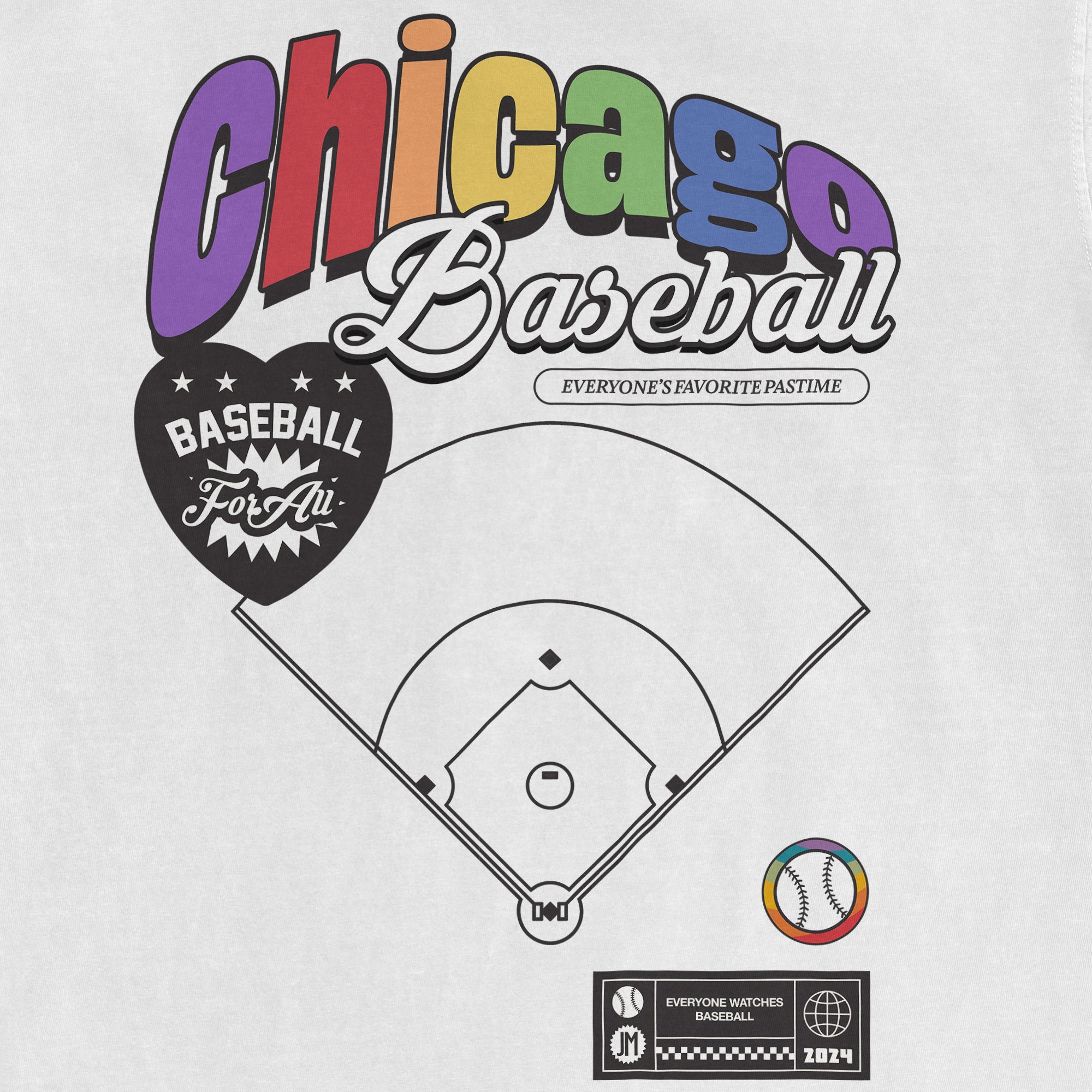Vintage-style white T-shirt featuring colorful "Chicagoe Baseball" text, a baseball diamond graphic, and various sports-themed icons.