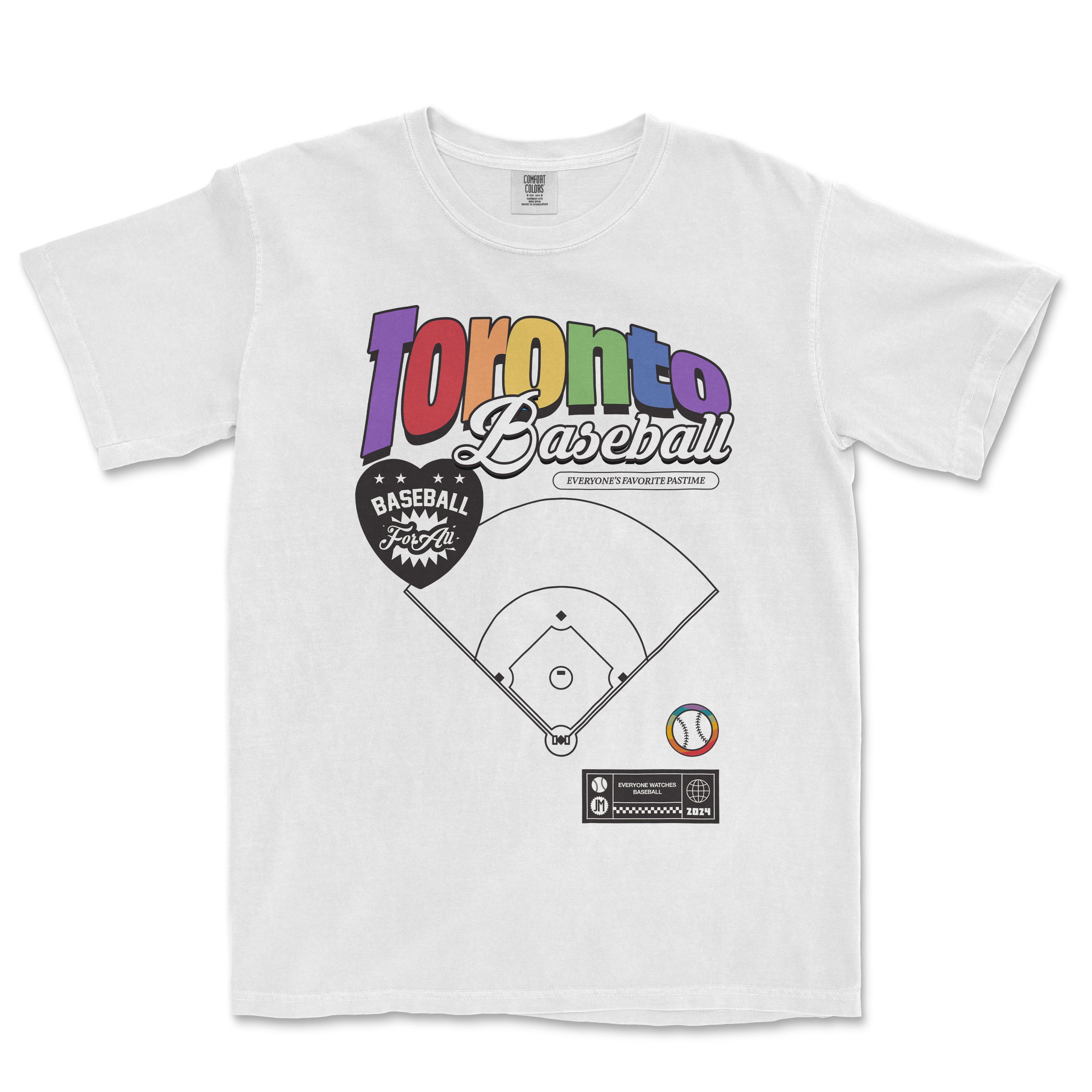 White T-shirt featuring colorful "Toronto Baseball" text, a baseball diamond graphic, and various baseball-themed design elements.