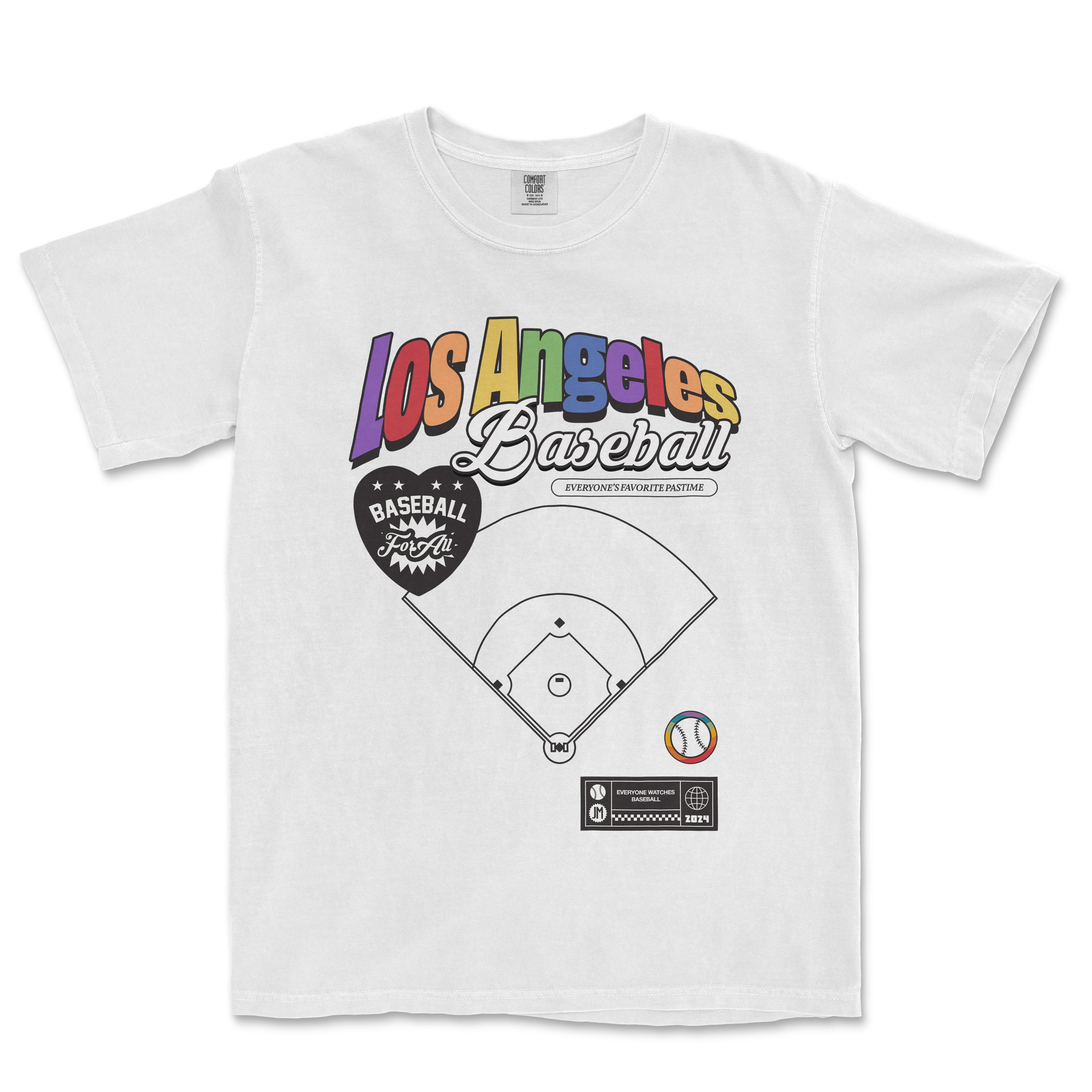 White Comfort Colors vintage tee featuring colorful "Los Angeles Baseball" text, a baseball diamond graphic, and playful design elements.