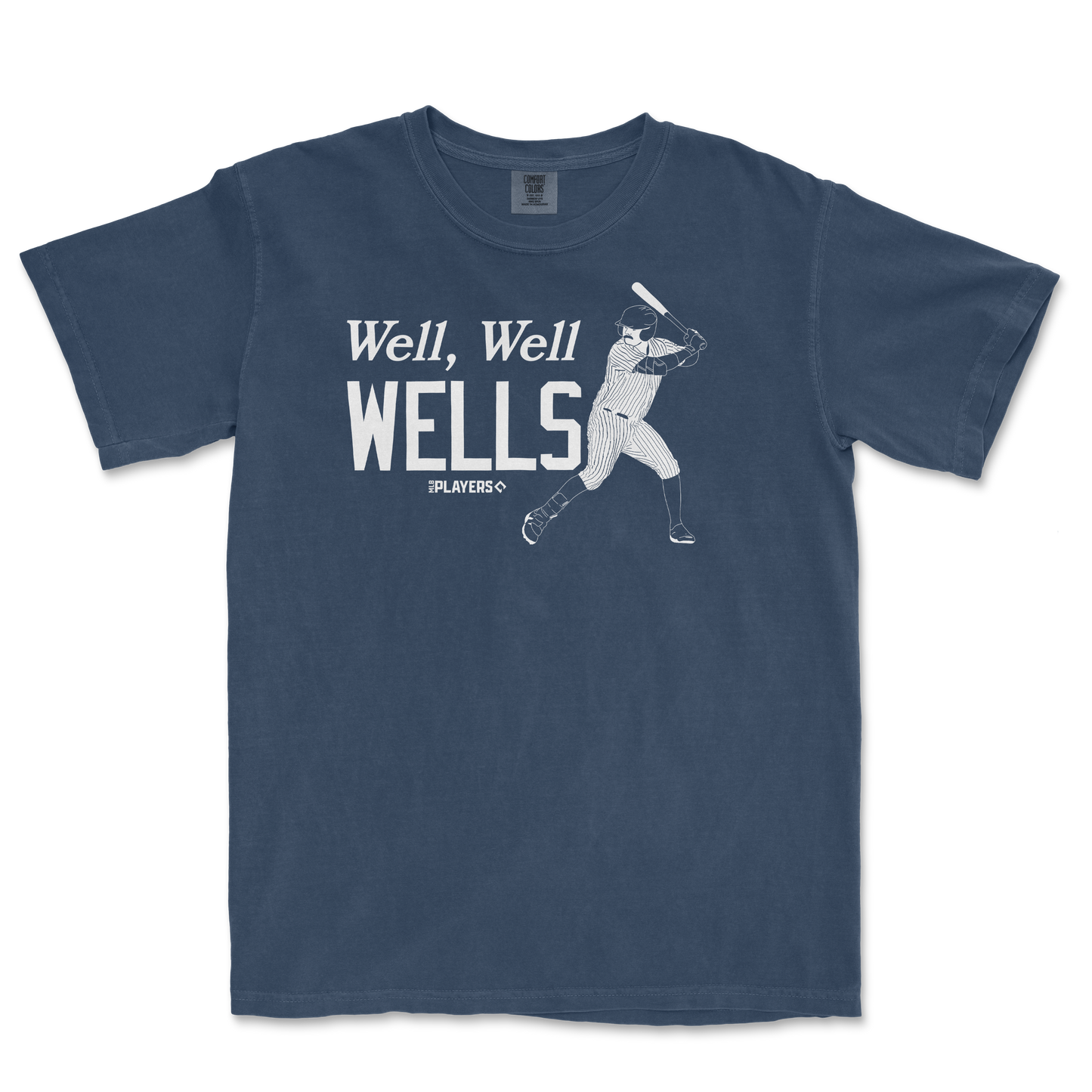 A blue T-shirt featuring a vintage baseball player illustration and the text "Well, Well WELLS" in bold white letters.
