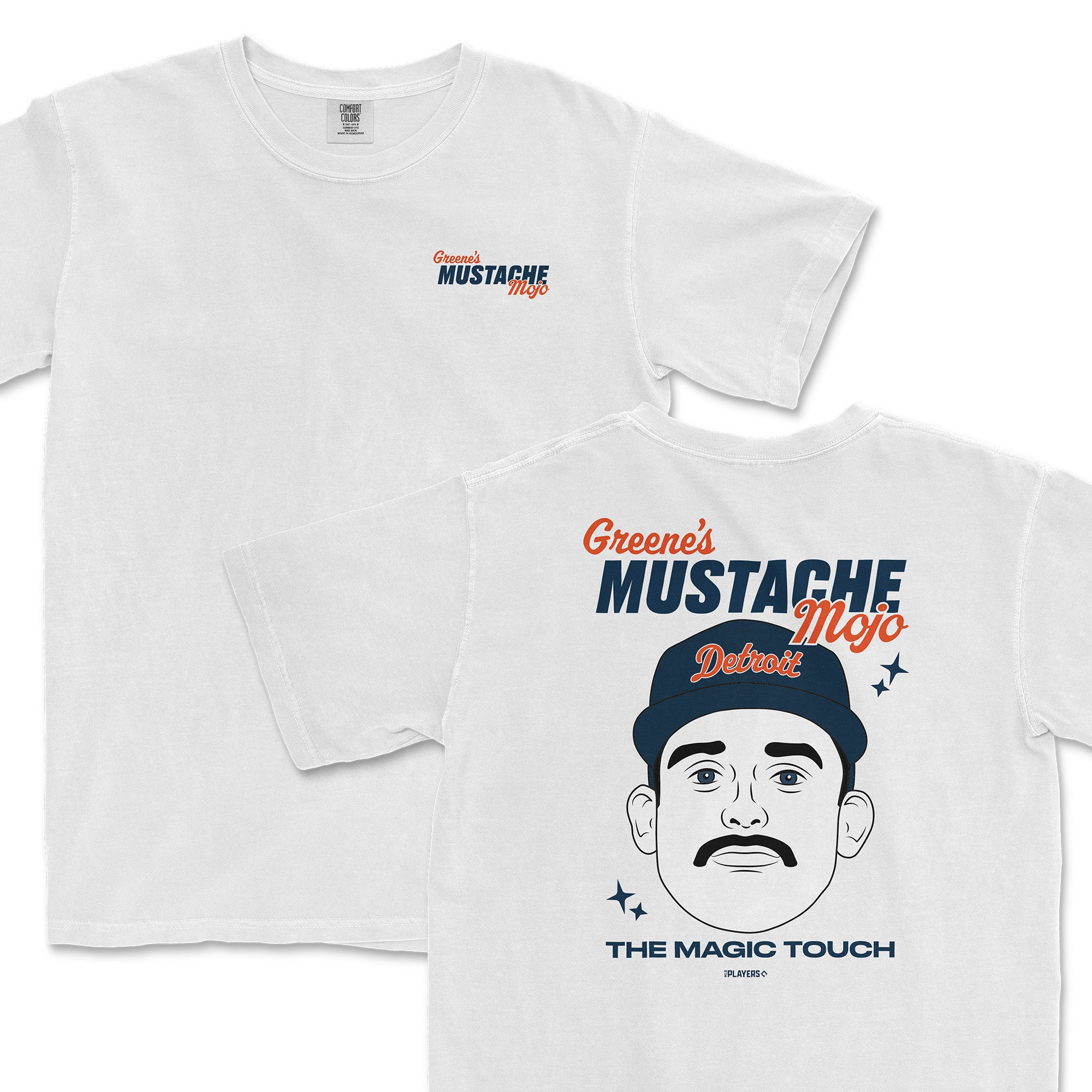 White t-shirt featuring a graphic of a man with a mustache and the text "Greene's Mustache Mojo" and "The Magic Touch.