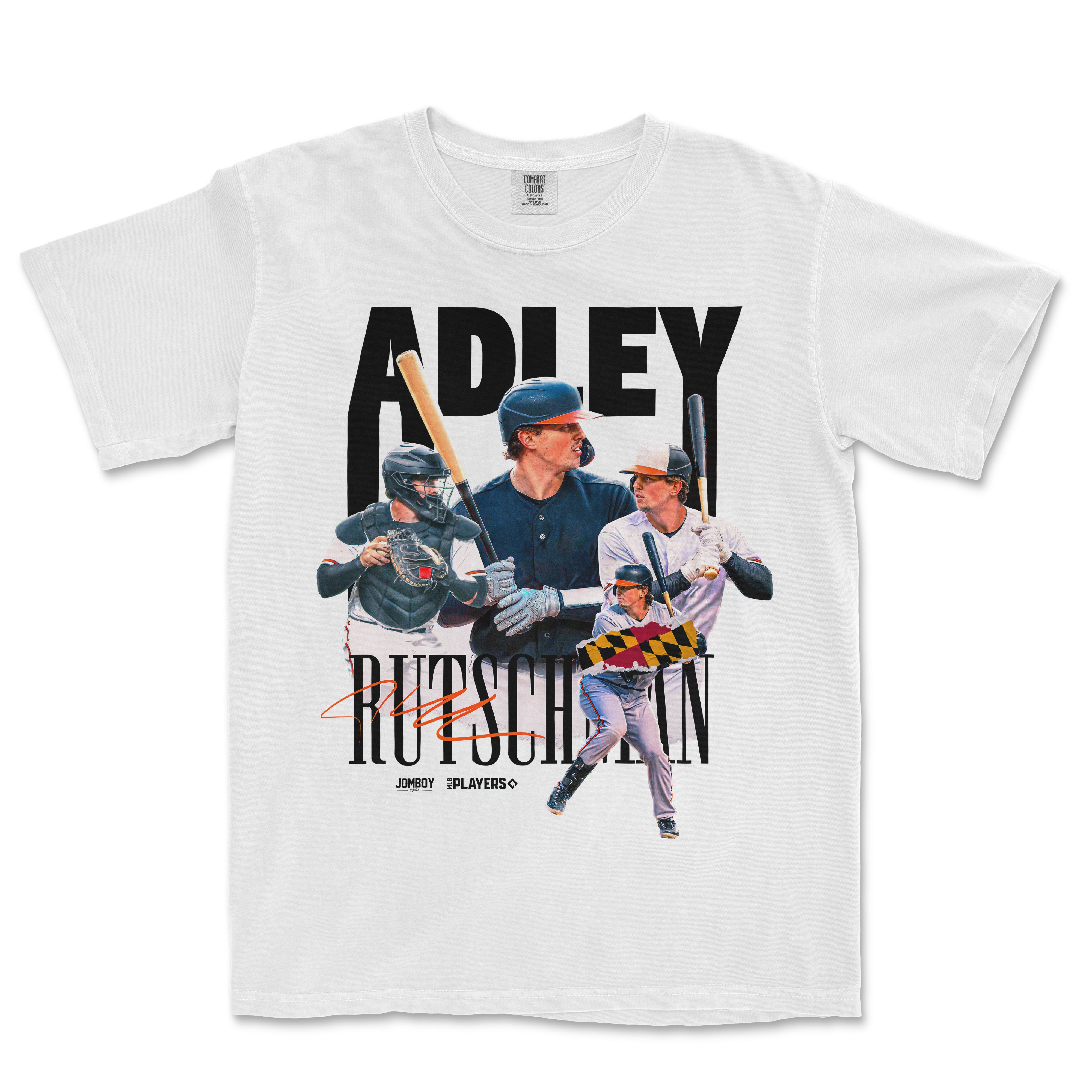 White Comfort Colors tee featuring a collage of Adley Rutschman baseball images and his signature, with bold black text.