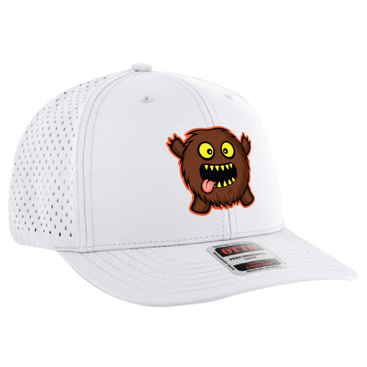 White six-panel hat with a cartoon monster sticker featuring yellow eyes, sharp teeth, and sticking out tongue.