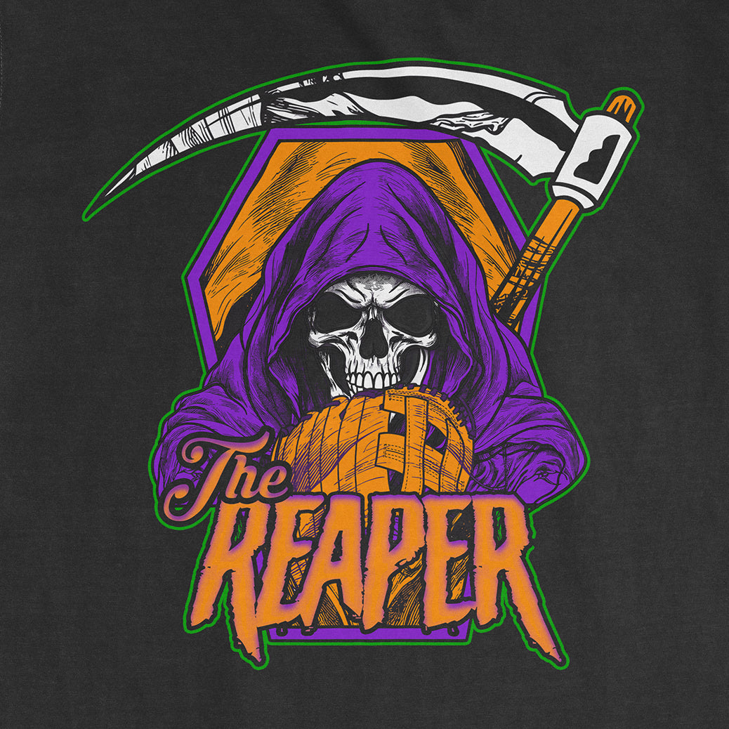 Graphic of a skeleton in a purple hooded cloak holding a scythe, with "The Reaper" text in orange and purple on a black background.