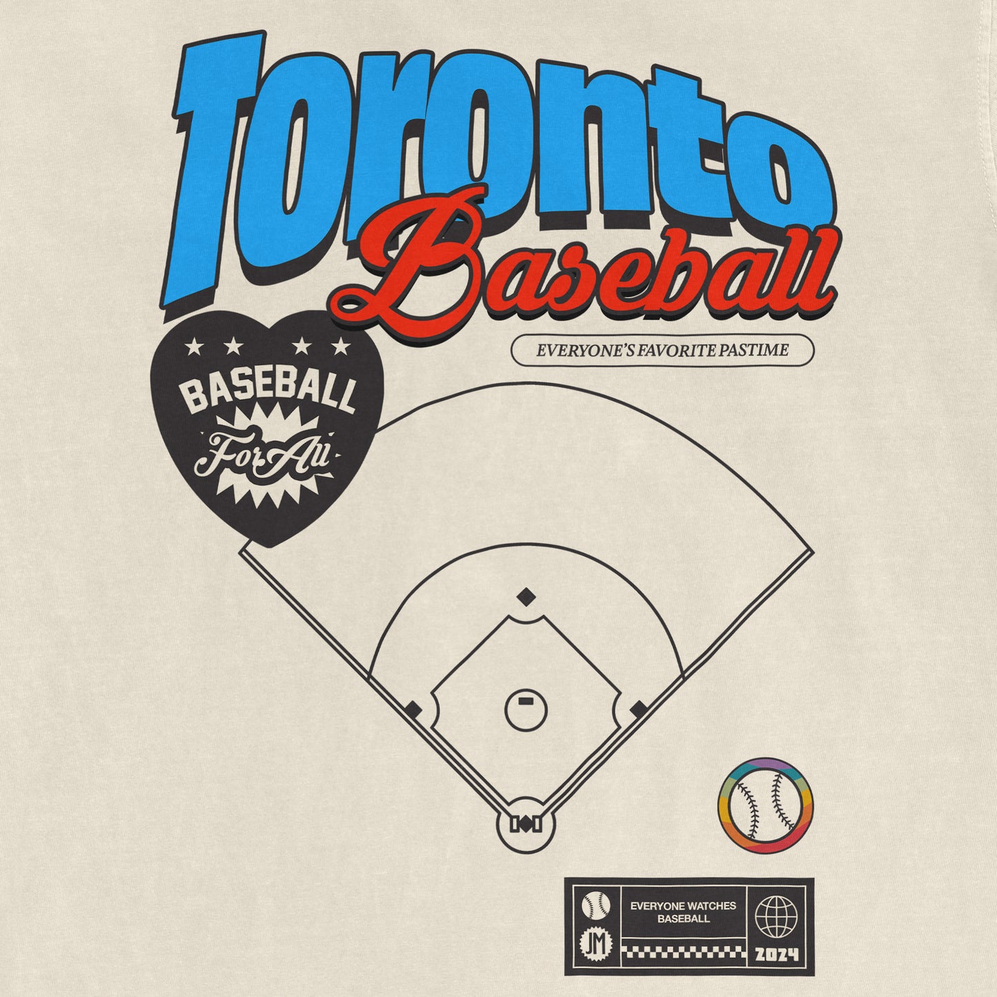 Graphic of a baseball-themed design featuring the text "Toronto Baseball" with a baseball diamond, a heart-shaped logo, and colorful accents.