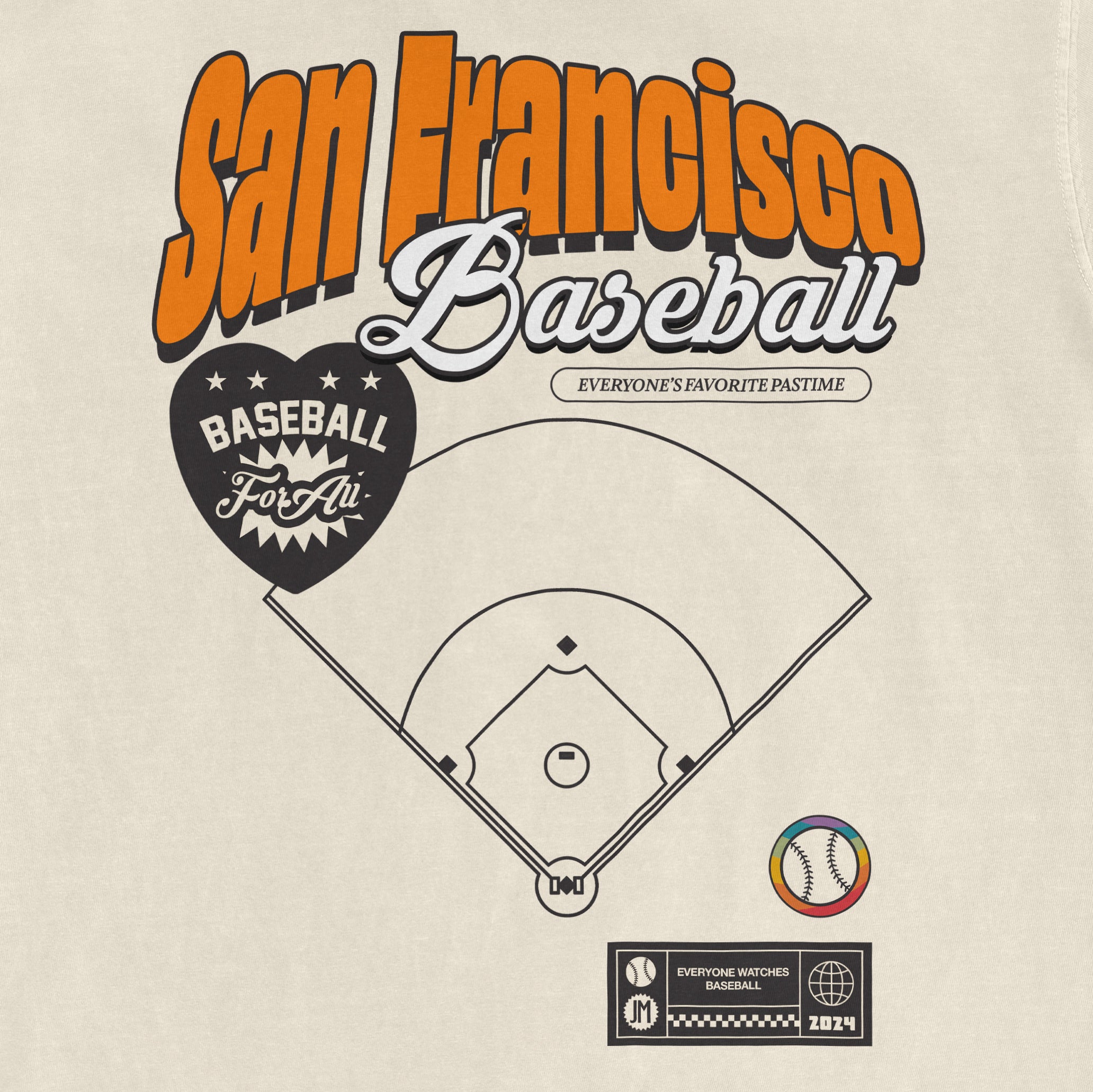 Graphic design featuring "San Francisco Baseball Pride" text, a baseball diamond, a rainbow-colored baseball, and a black heart with "Baseball For All" inside.