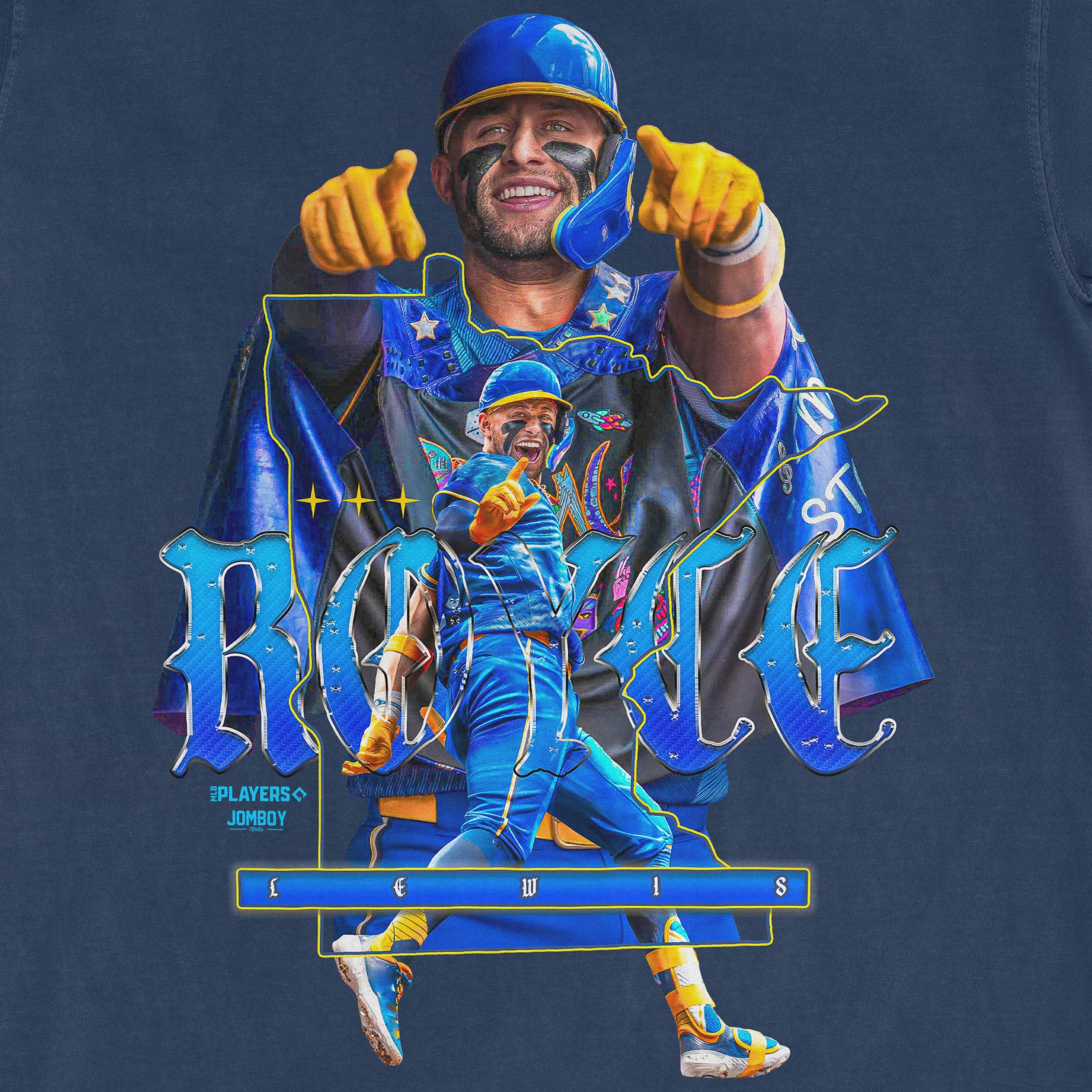 Colorful graphic of Royce Lewis in a baseball uniform, with a large portrait and smaller action pose, on a dark background.