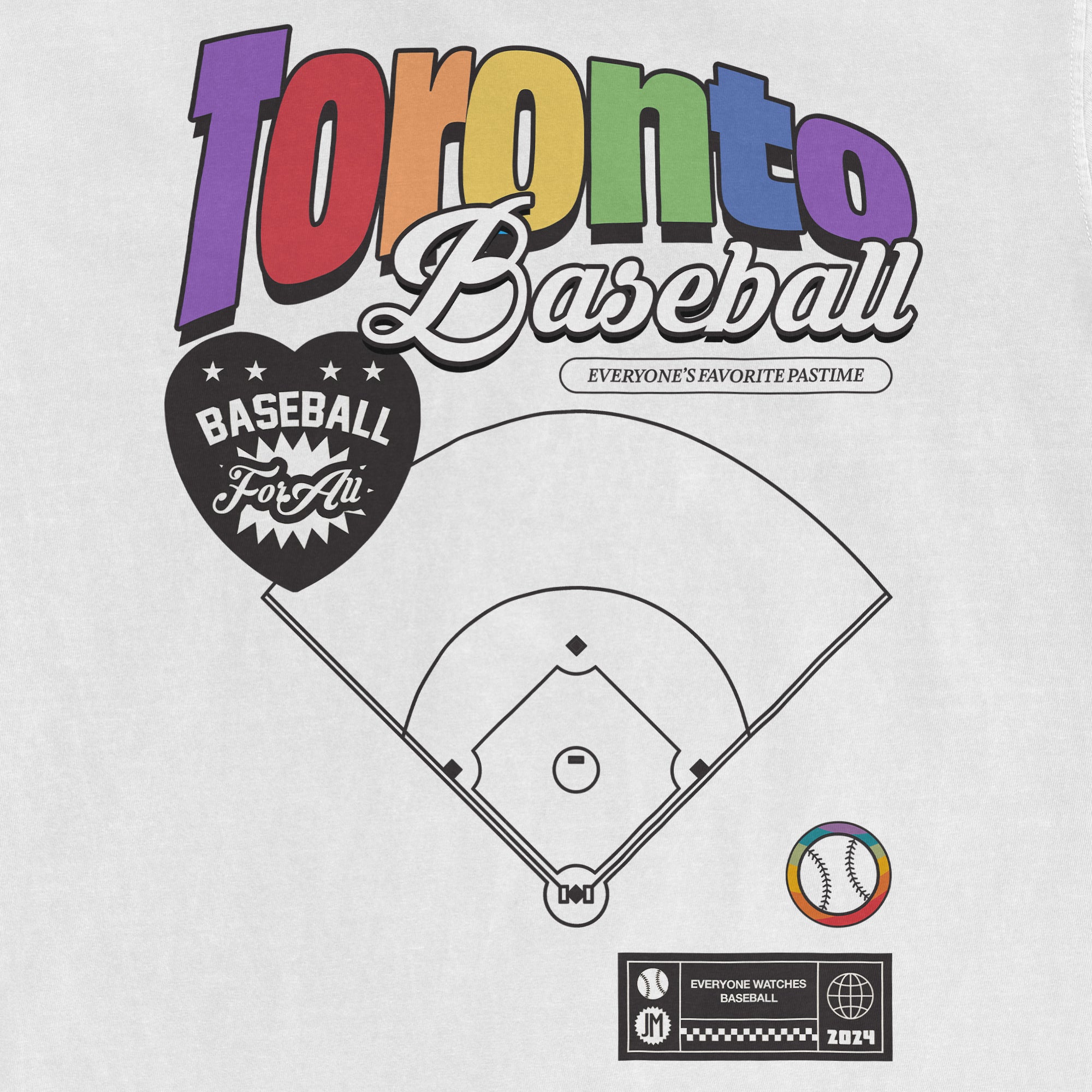 Colorful "Toronto Baseball" text with a heart-shaped logo reading "Baseball for All," a baseball field diagram, and a rainbow-colored baseball icon.