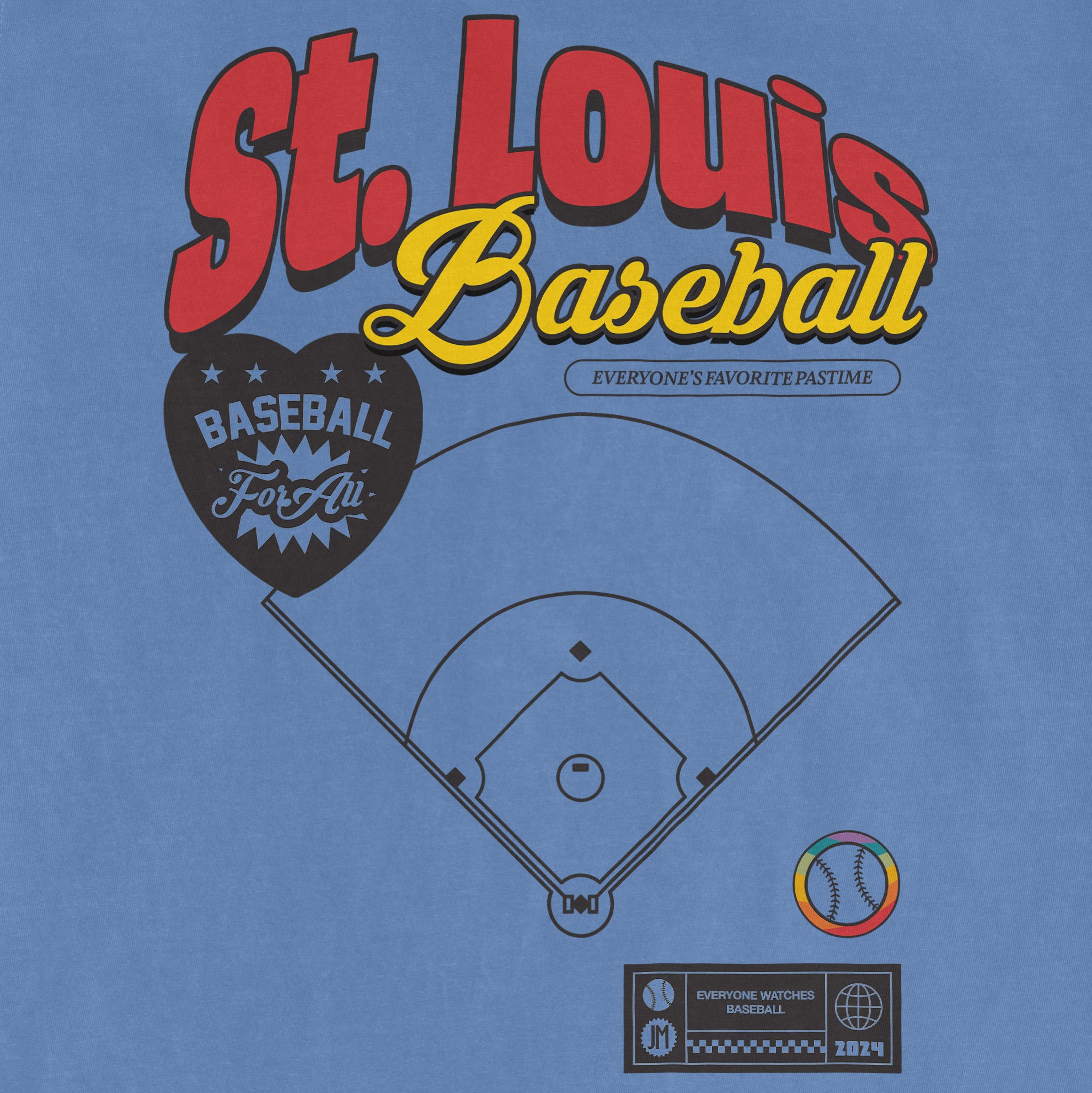 Blue T-shirt featuring "St. Louis Baseball Pride" text, a baseball diamond diagram, and a heart-shaped logo with "Baseball for All.