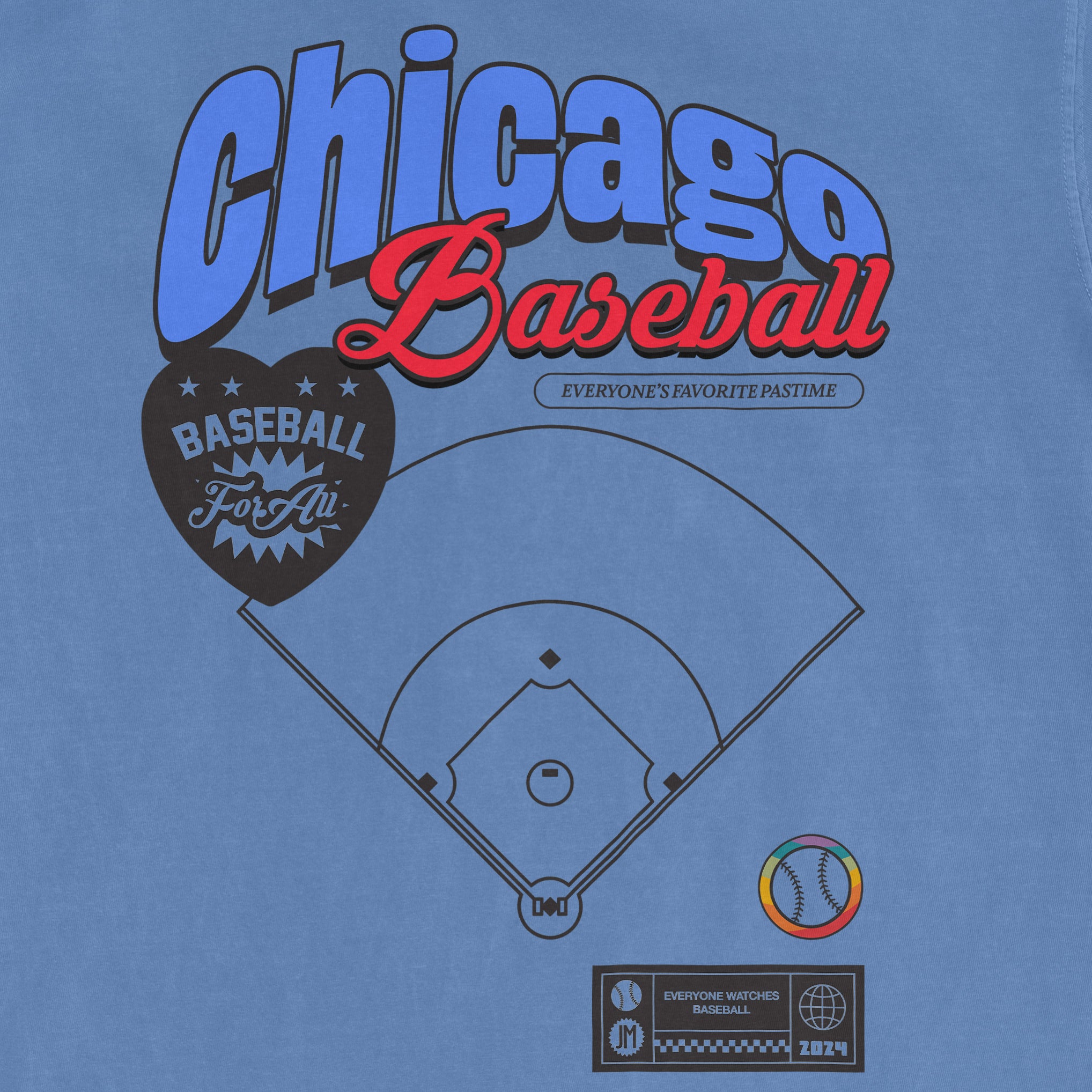Blue vintage-style T-shirt featuring a baseball diamond graphic, "CHICAGO PRIDE" and "Baseball" text, and colorful design elements.