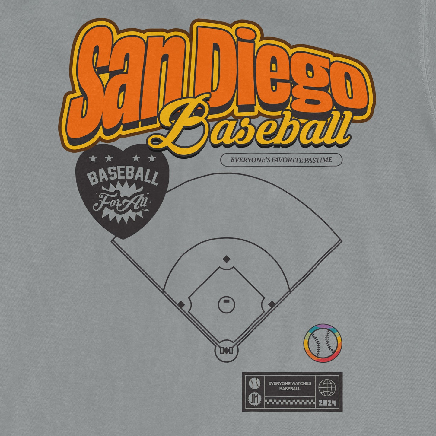 Gray T-shirt featuring "San Diego Baseball Pride" text, a baseball diamond diagram, and colorful baseball graphic.