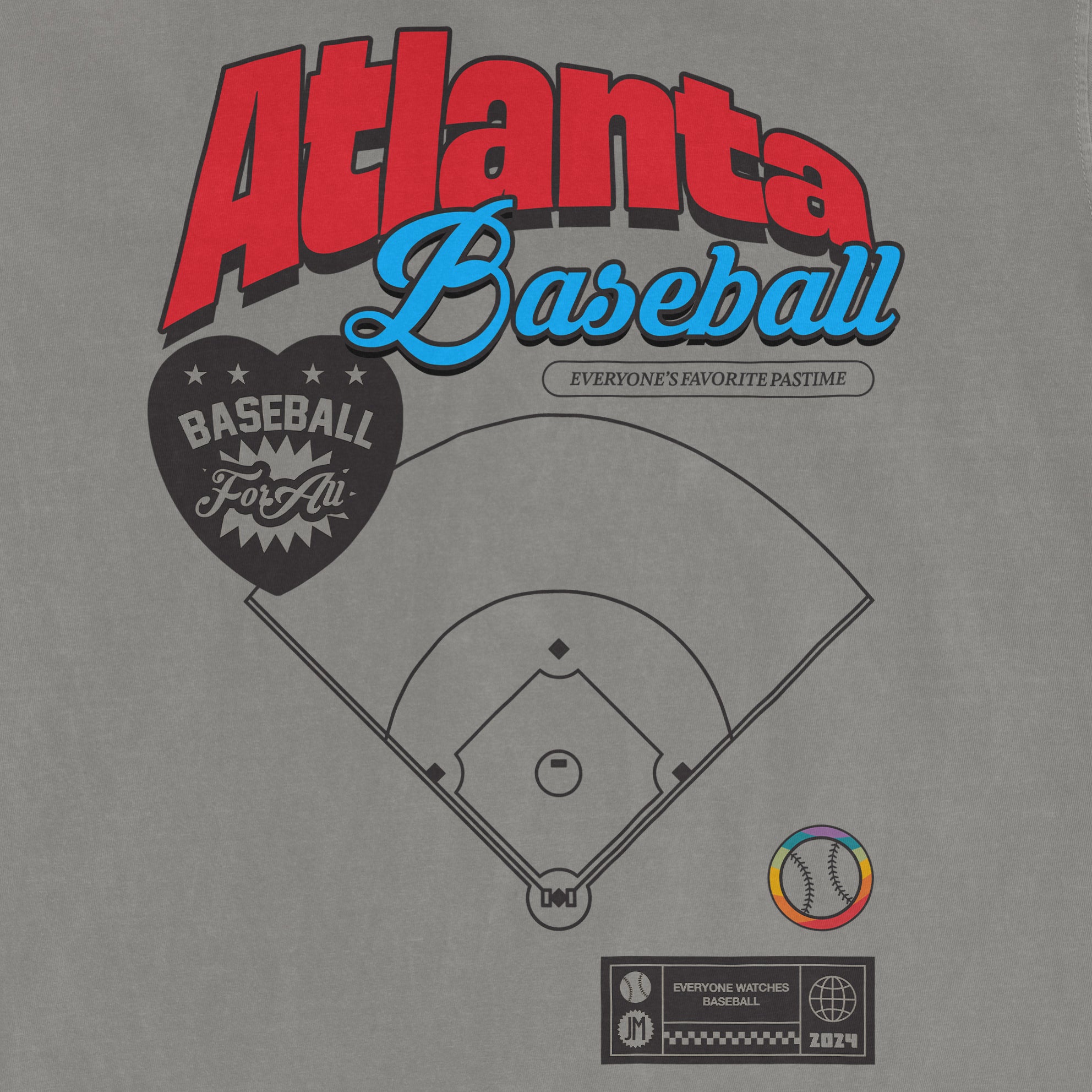 Gray vintage Comfort Colors tee featuring "Atlanta Baseball Pride" text, a baseball diamond graphic, and colorful baseball icon.