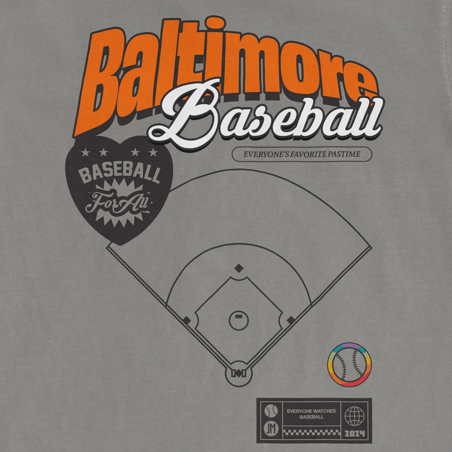 Gray vintage-style T-shirt featuring "Baltimore Baseball Pride" text, a baseball diamond diagram, and colorful circular logo.