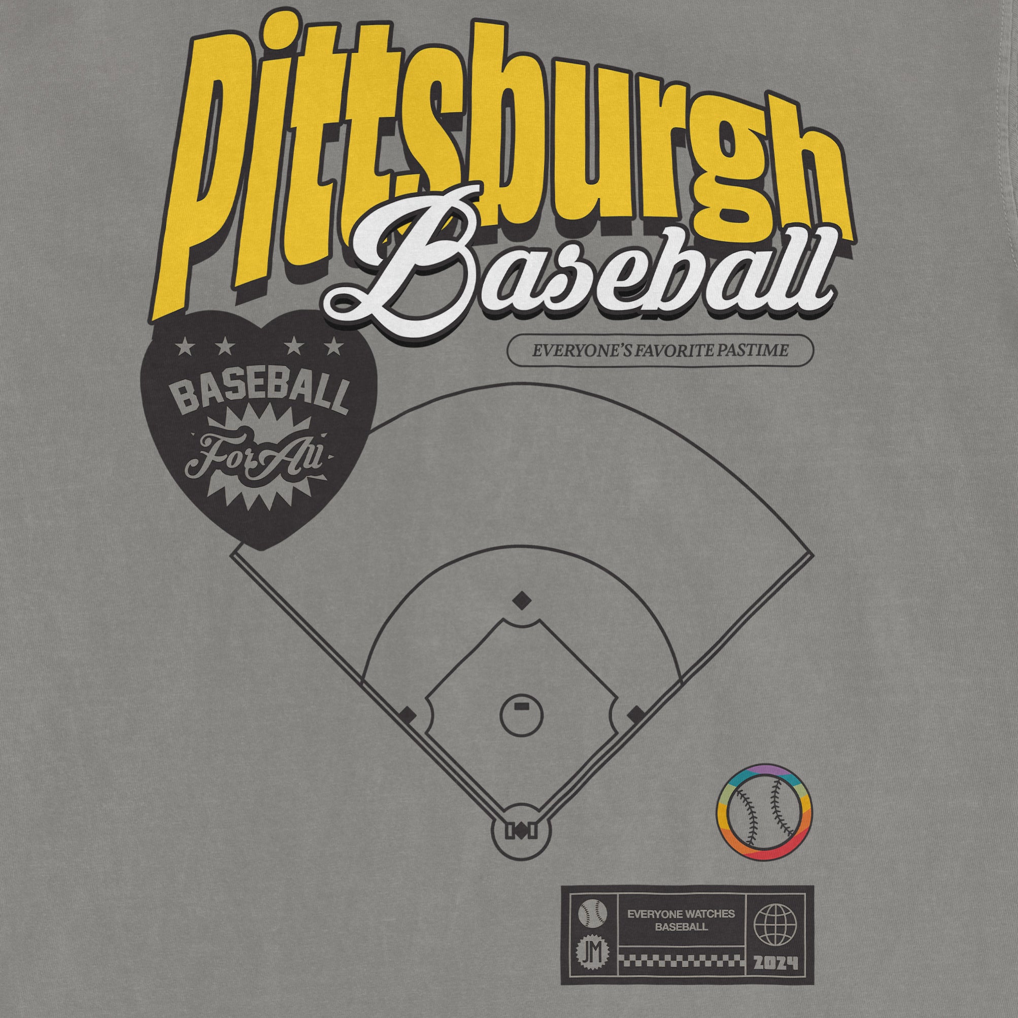 Gray Pittsburgh Baseball Pride T-shirt featuring a baseball diamond graphic, colorful logo, and text celebrating Pittsburgh baseball.
