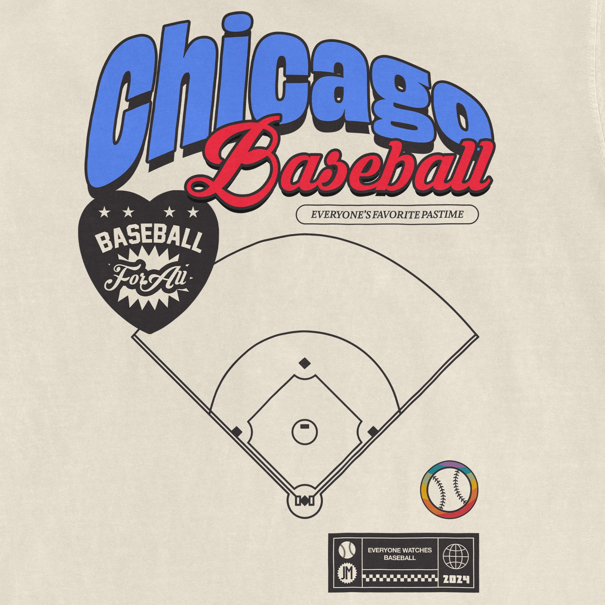 Vintage beige Comfort Colors T-shirt featuring a colorful Chicago baseball graphic, with text, a baseball diamond, and playful design elements.