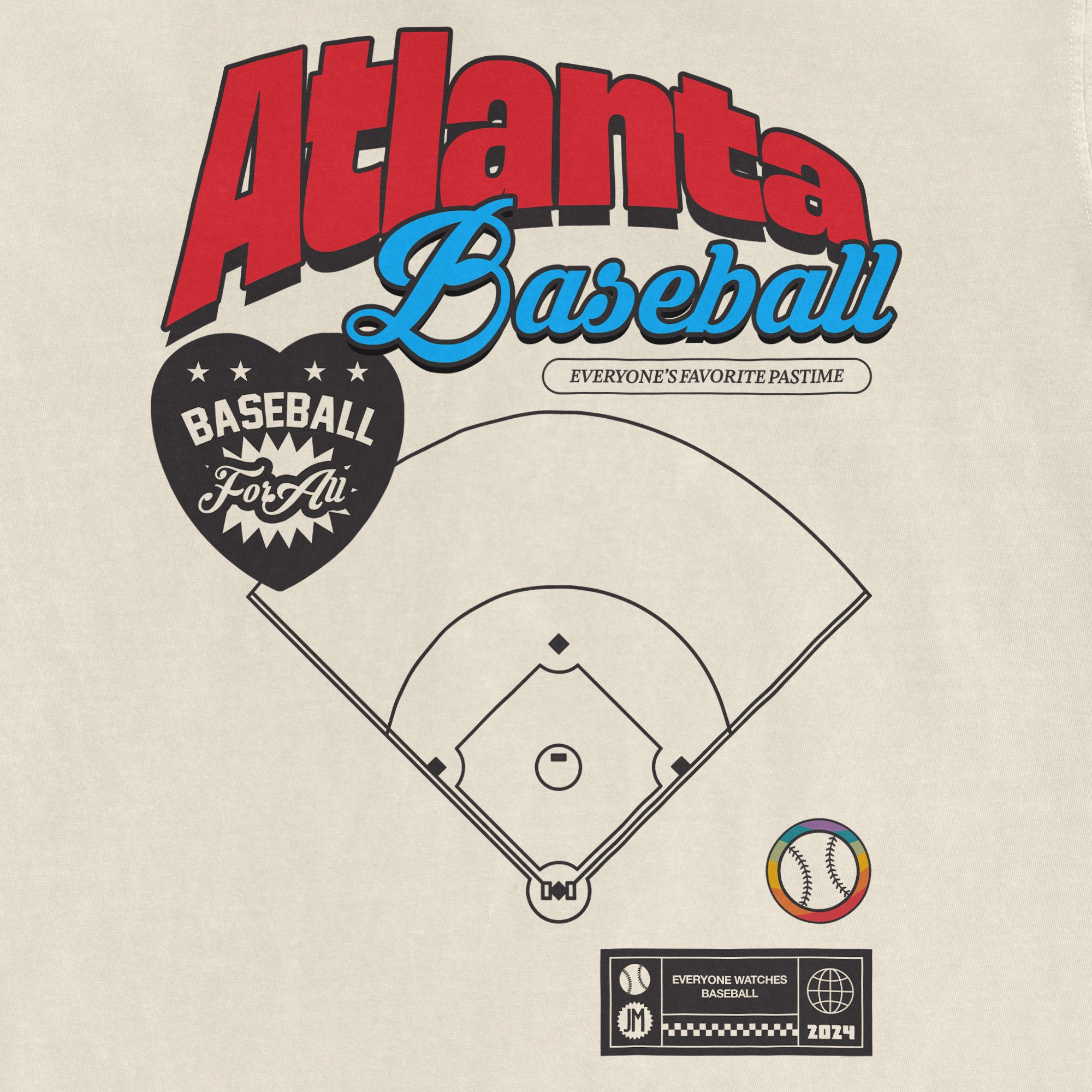 Vintage beige Comfort Colors tee featuring "Atlanta Baseball Pride" text, a baseball field diagram, and colorful baseball graphics.