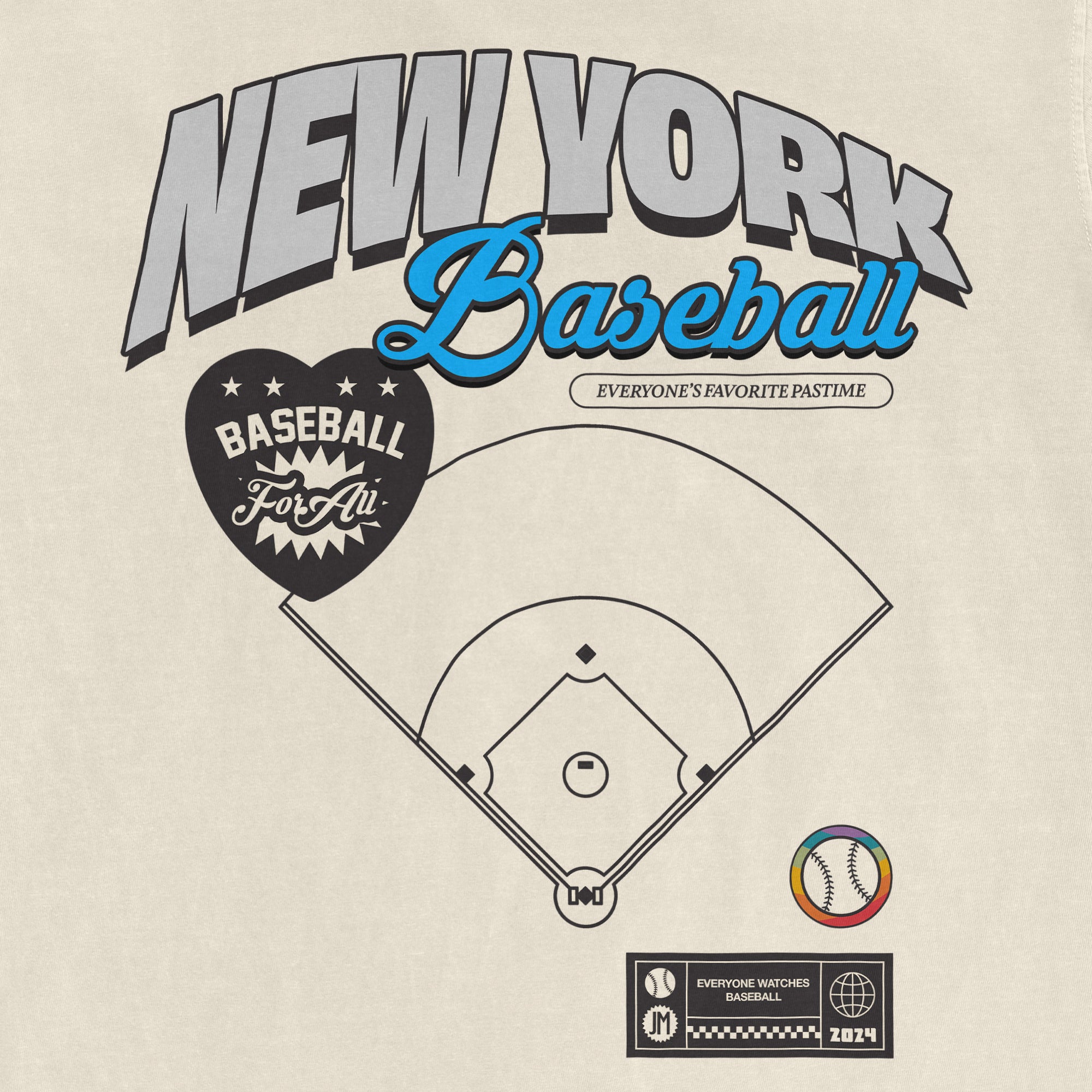 Vintage beige Comfort Colors T-shirt featuring a graphic design of a baseball field, "New York Baseball" text, and colorful accents.